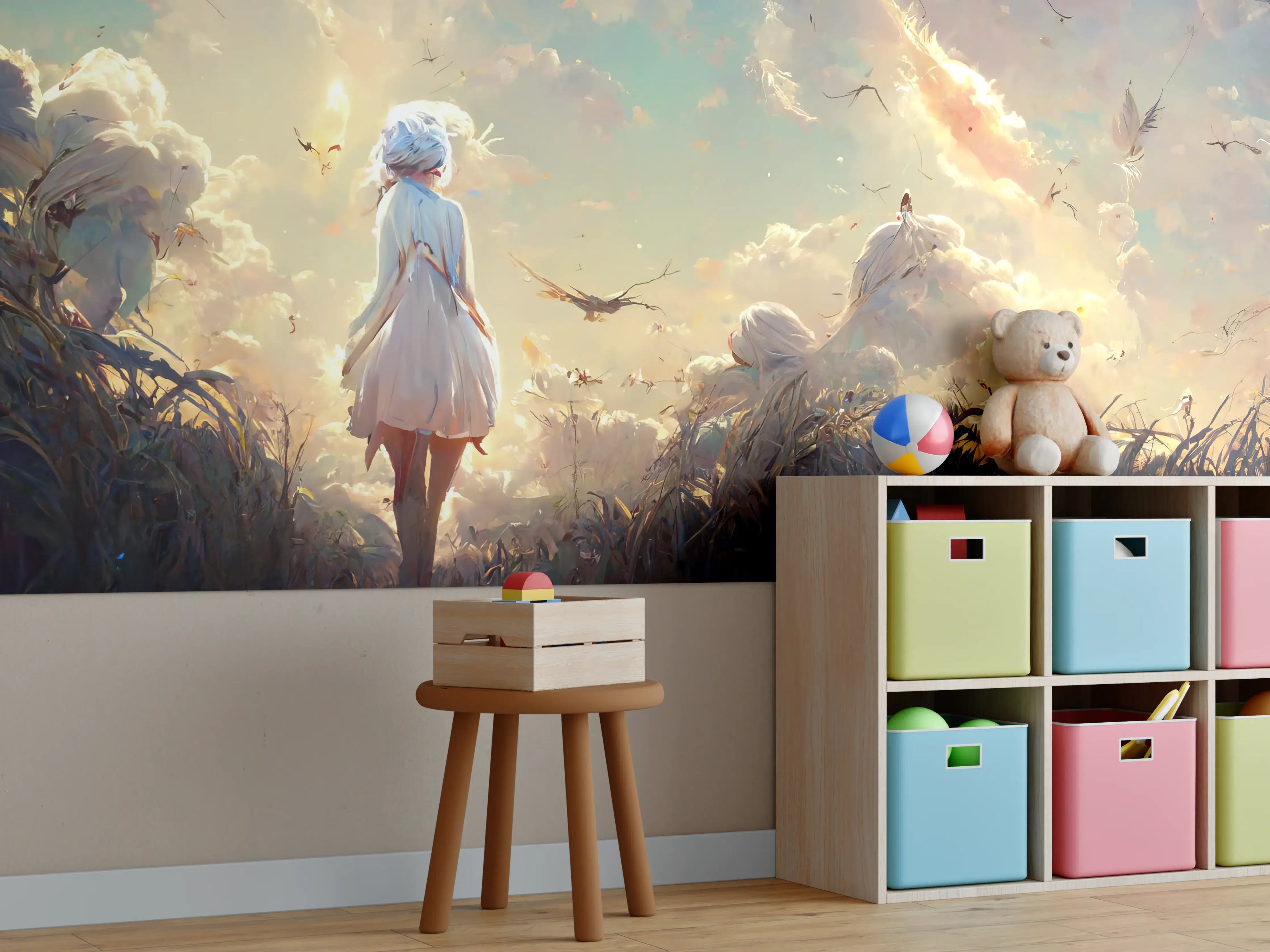 Kinderzimmer Wandgestaltung - Animierte Figuren bei Sonnenuntergang