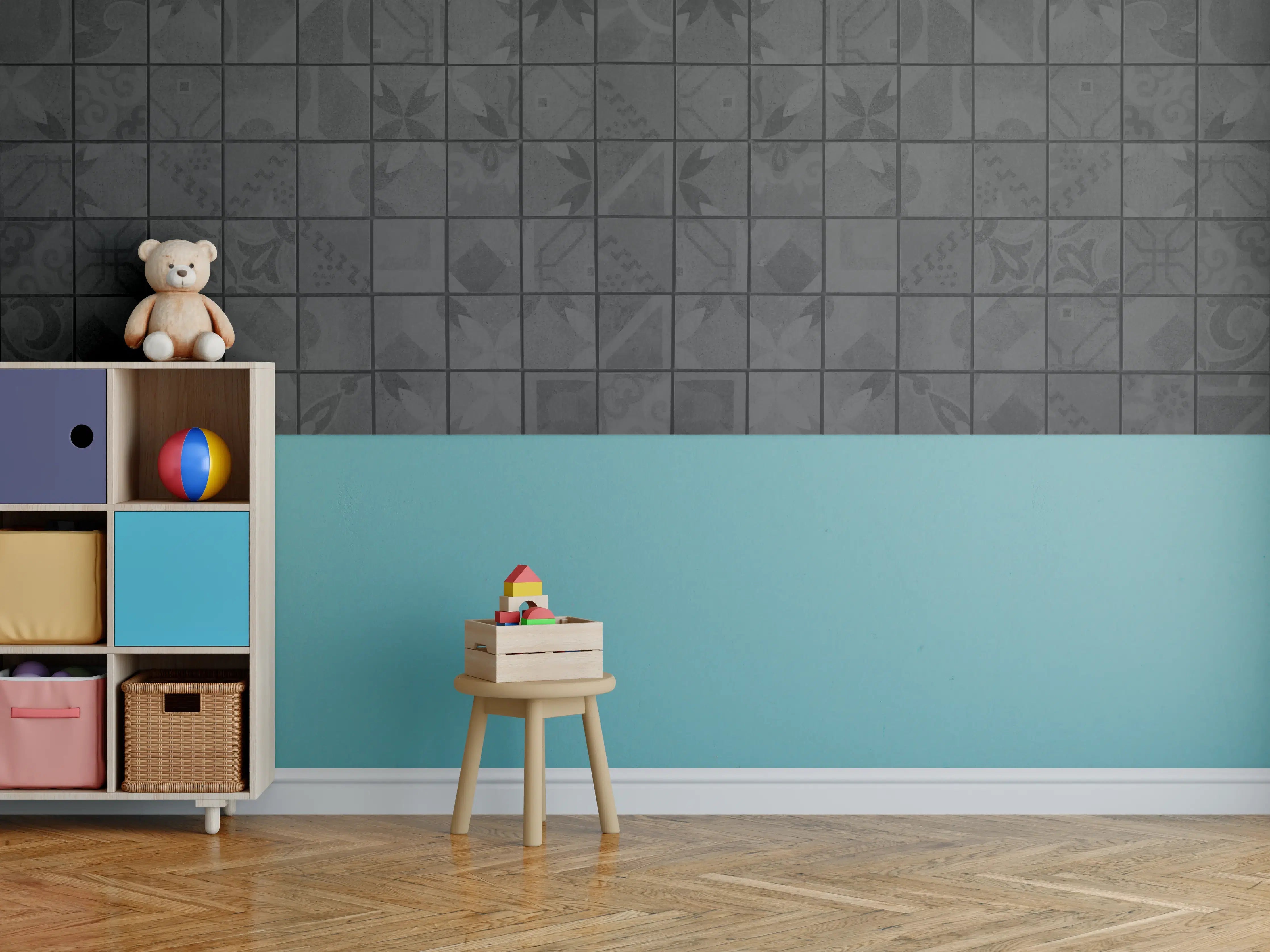Kinderzimmer Wandgestaltung - Anthrazitfarbenes Quadratisches Mosaikmotiv