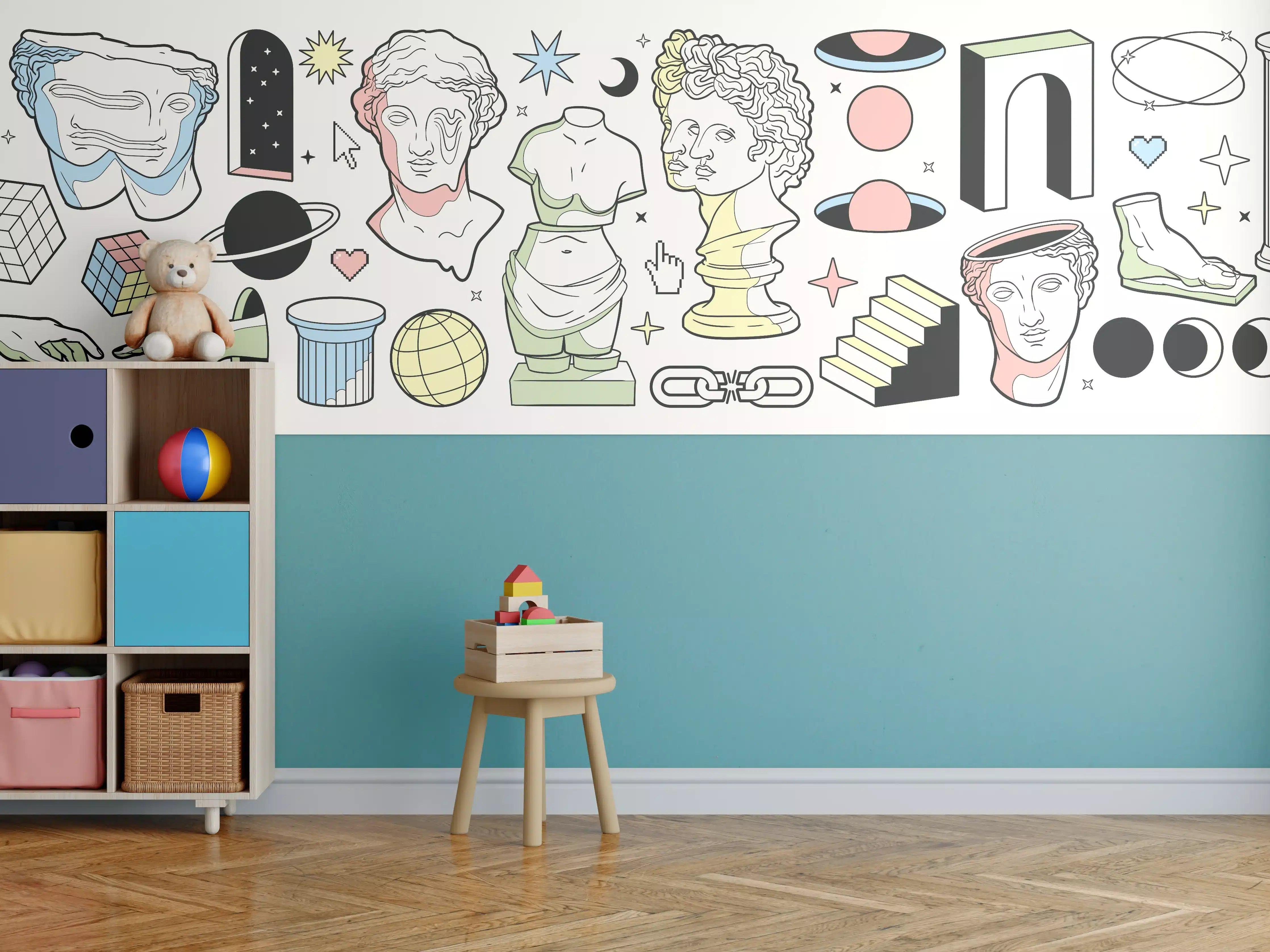 Kinderzimmer Wandgestaltung - Antike Säulen und Skulpturen mit kosmischen Elementen