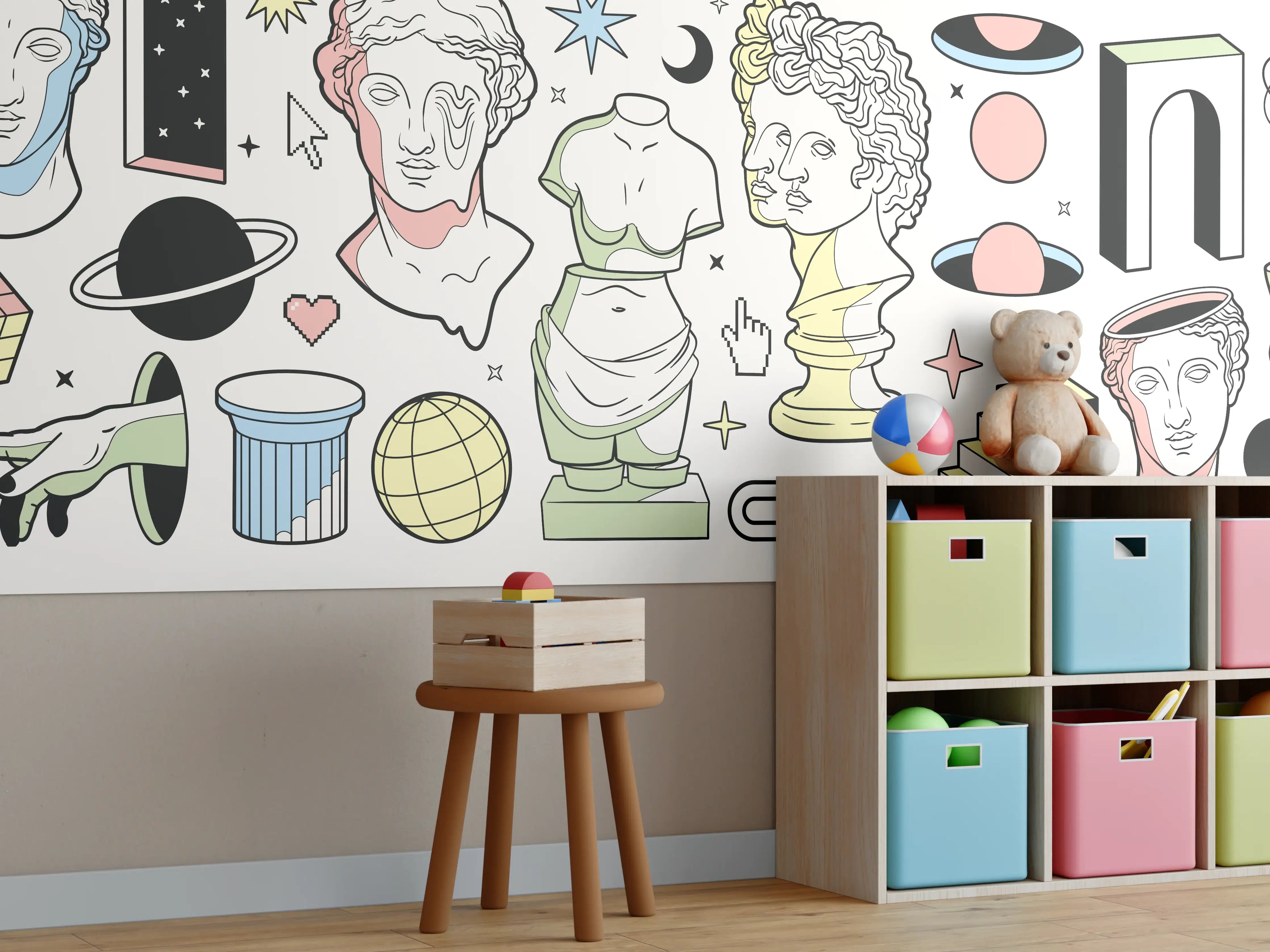 Kinderzimmer Wandgestaltung - Antike Säulen und Skulpturen mit kosmischen Elementen