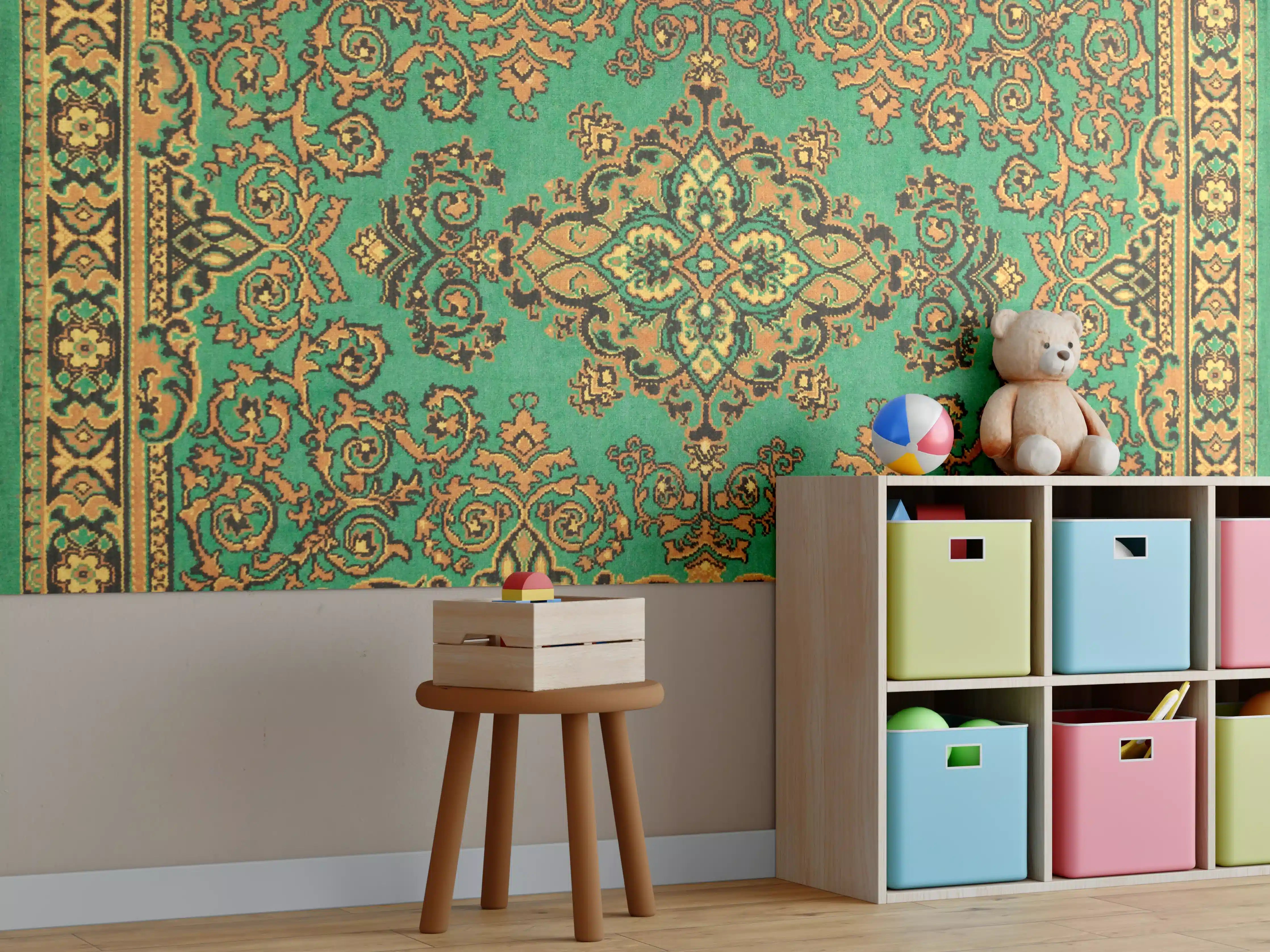 Kinderzimmer Wandgestaltung - Antiker Perserteppich Grün-Orange