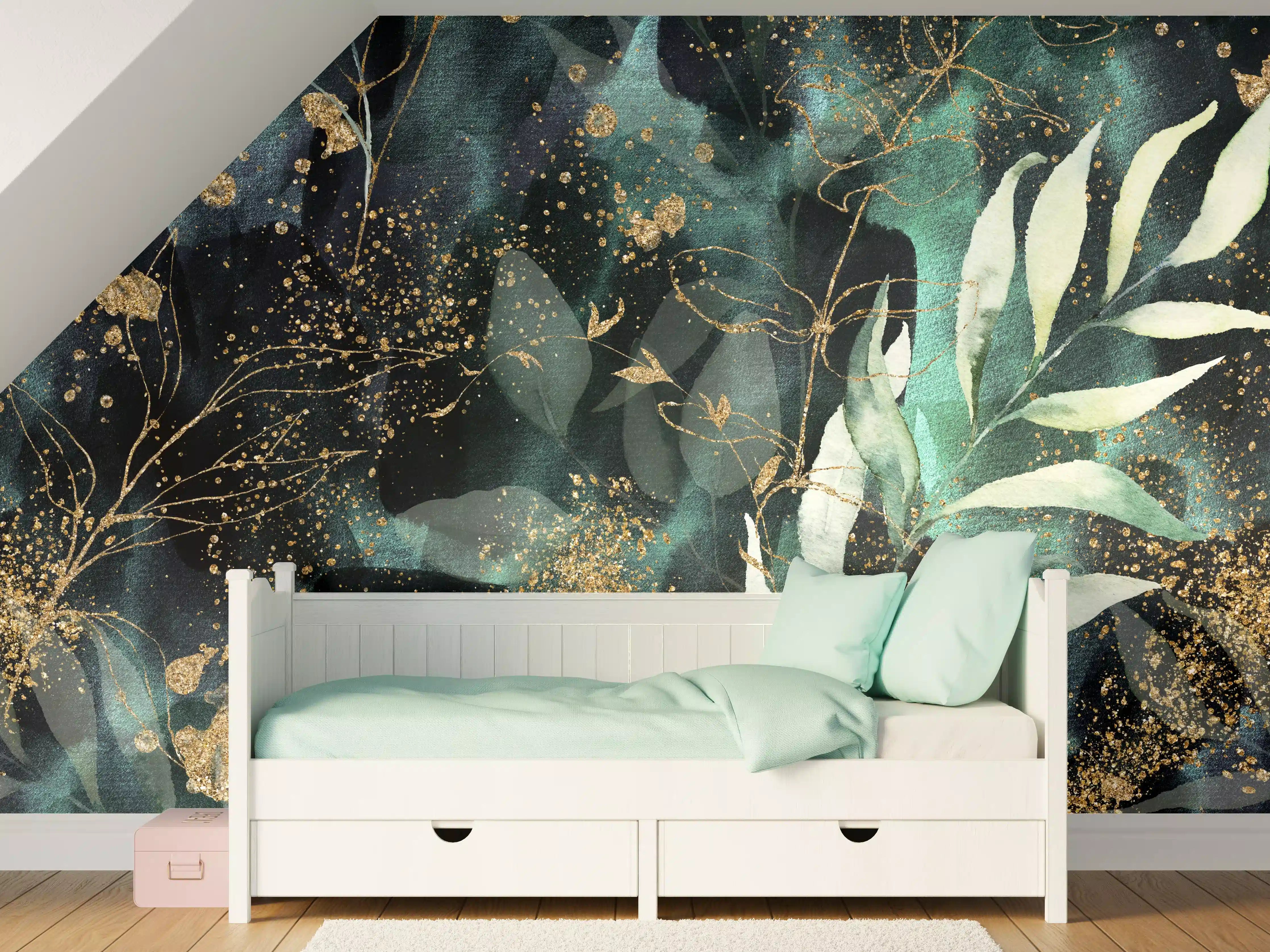 Kinderzimmer Wandgestaltung - Aquarell - abstrakte Blumen mit gold