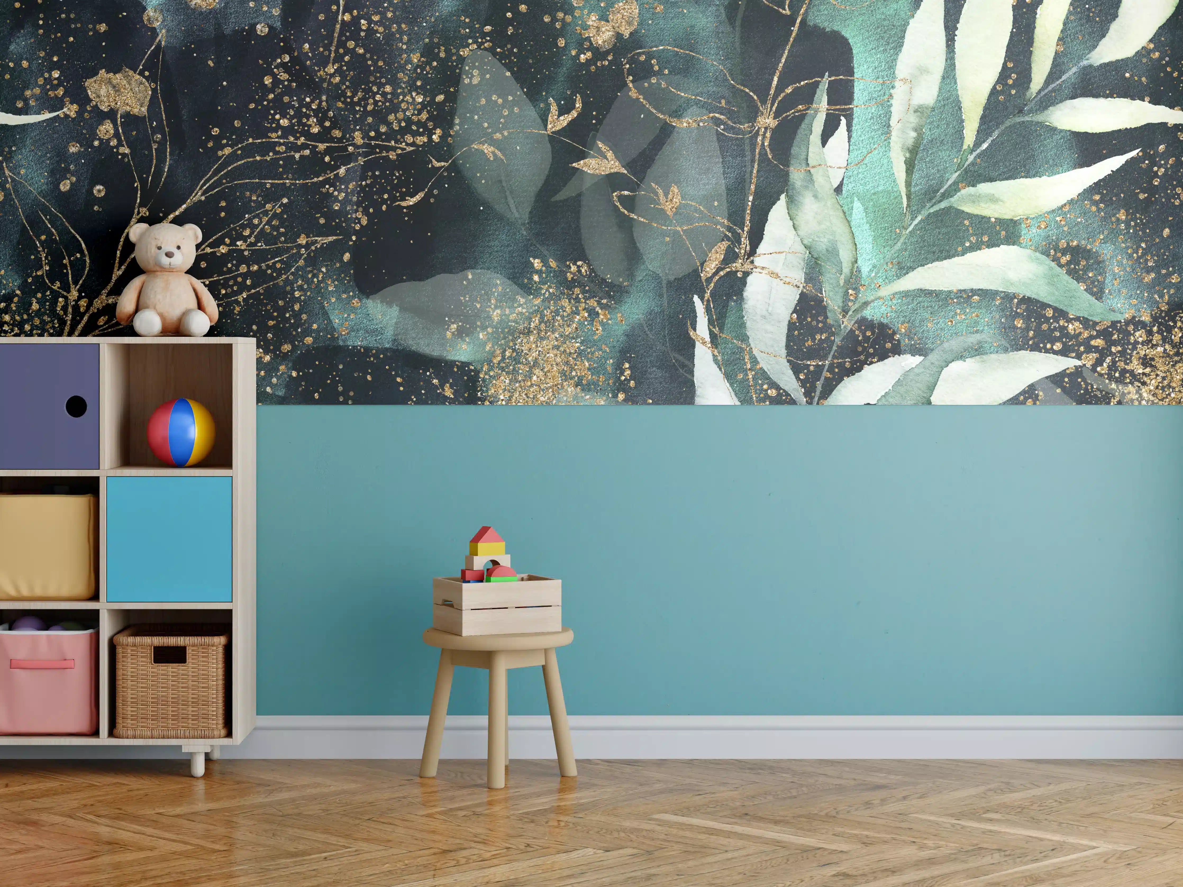 Kinderzimmer Wandgestaltung - Aquarell - abstrakte Blumen mit gold