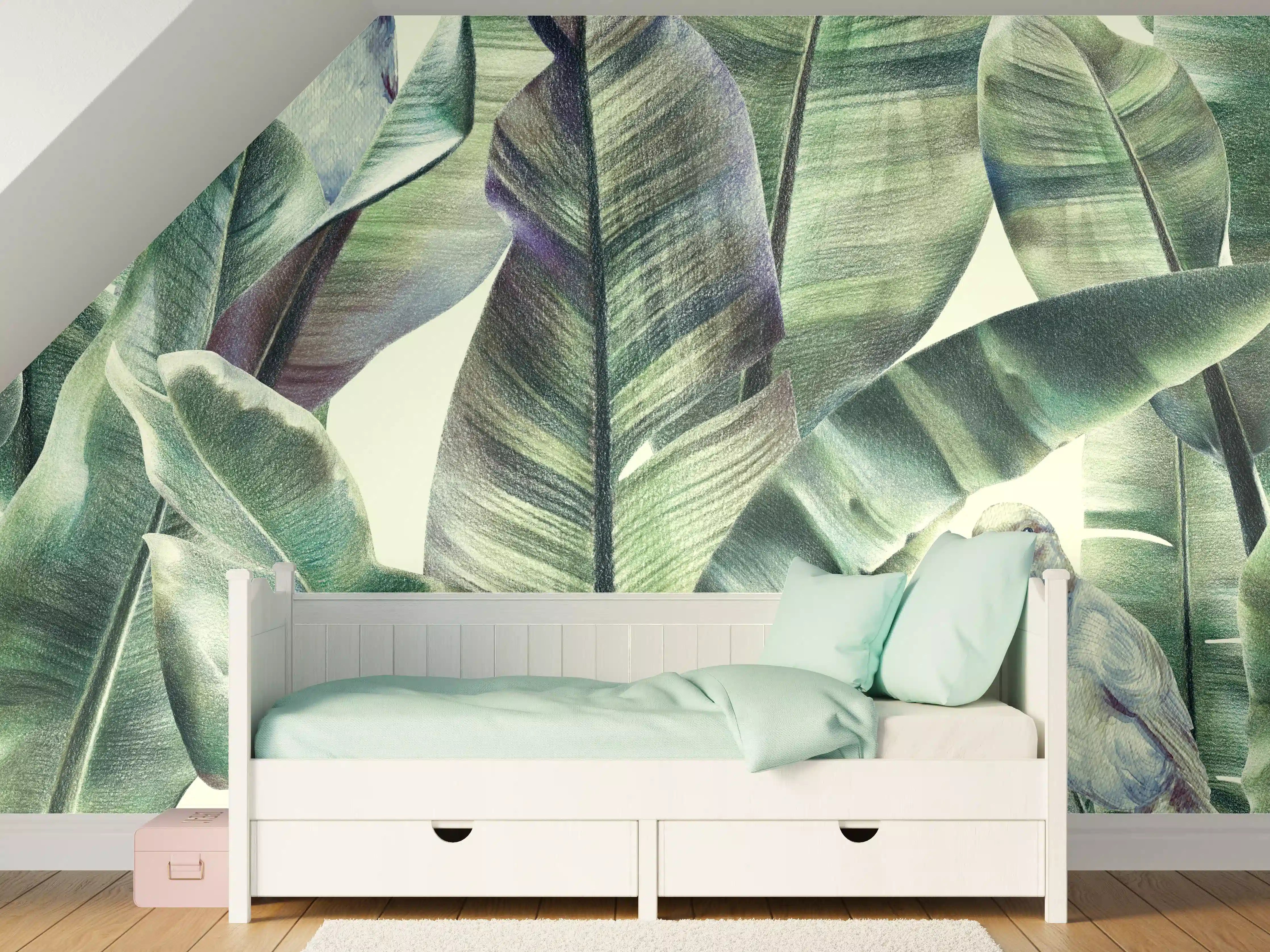 Kinderzimmer Wandgestaltung - Aquarell - exotischen Vögel auf Bananenblättern