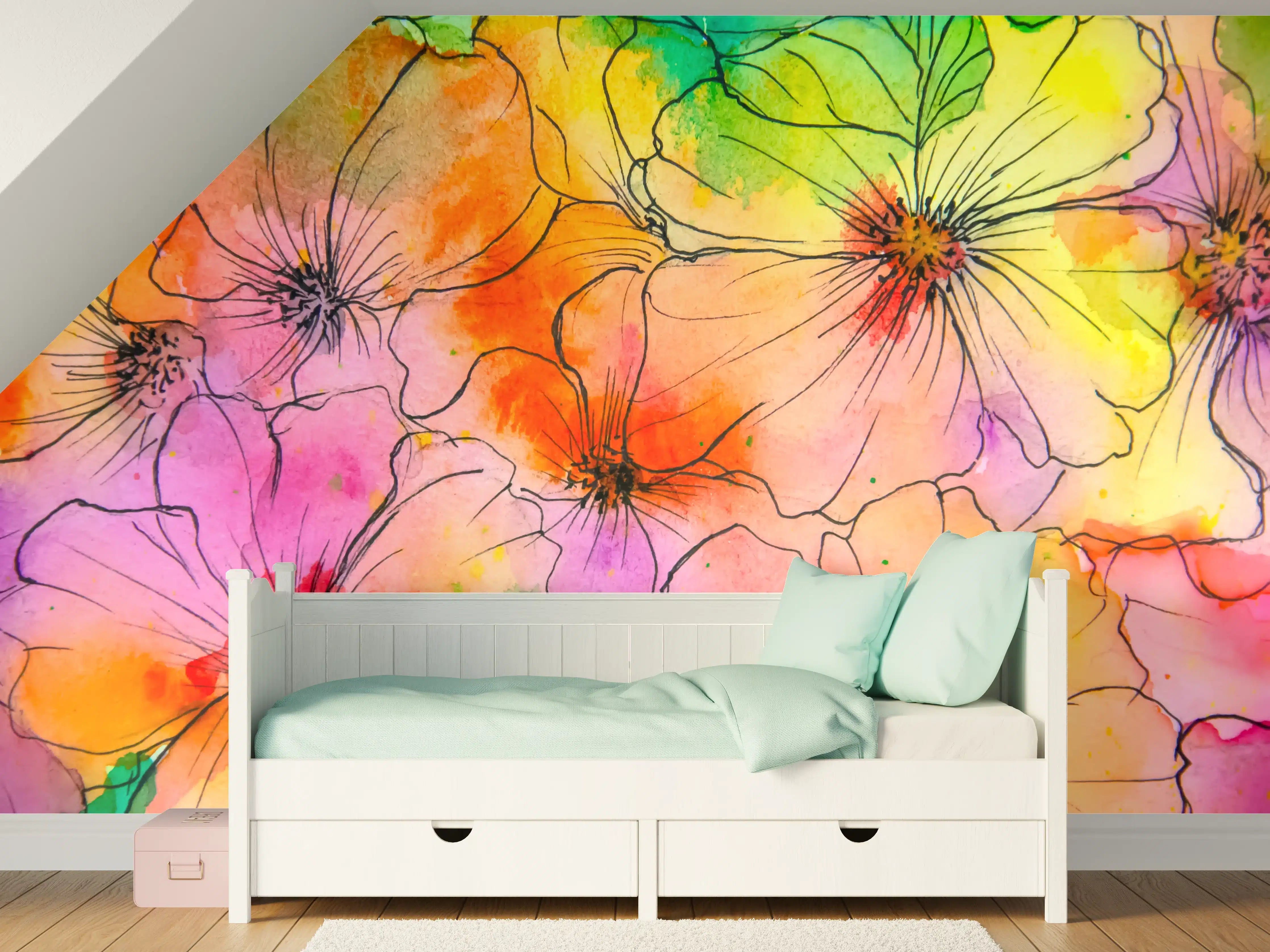 Kinderzimmer Wandgestaltung - Aquarell Blumen Malerei