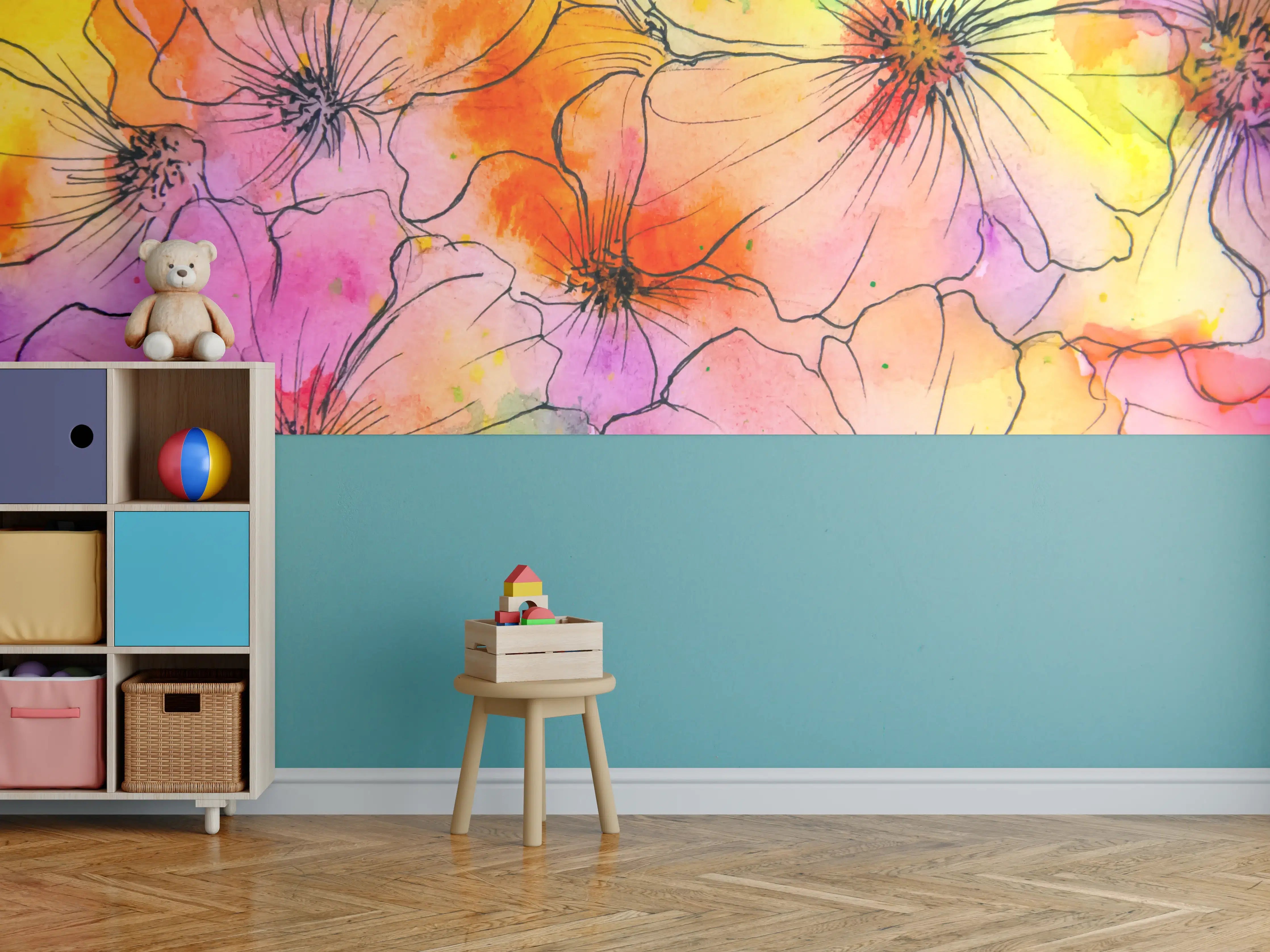 Kinderzimmer Wandgestaltung - Aquarell Blumen Malerei