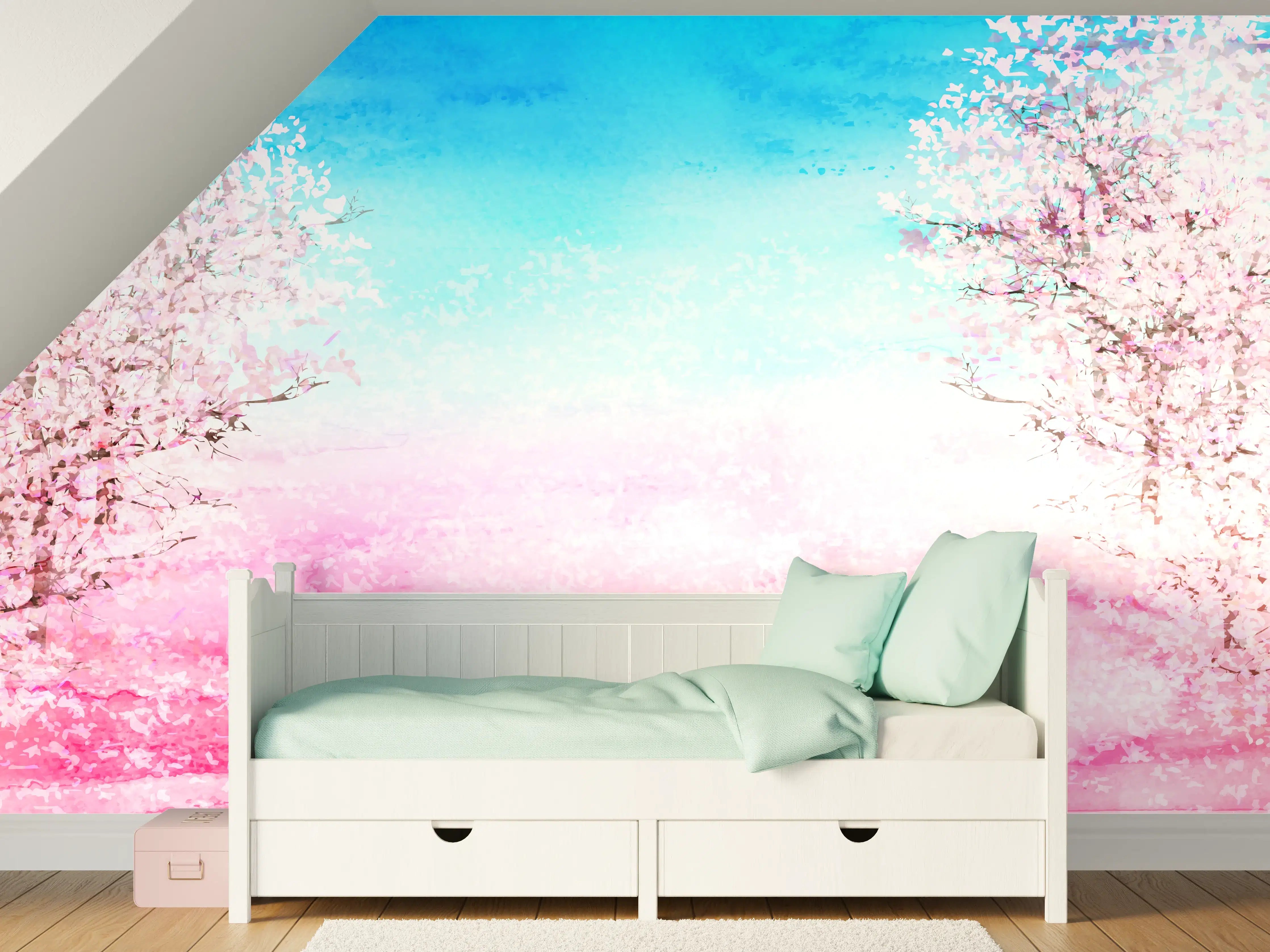 Kinderzimmer Wandgestaltung - Aquarell Frühlingsbaum Rosa