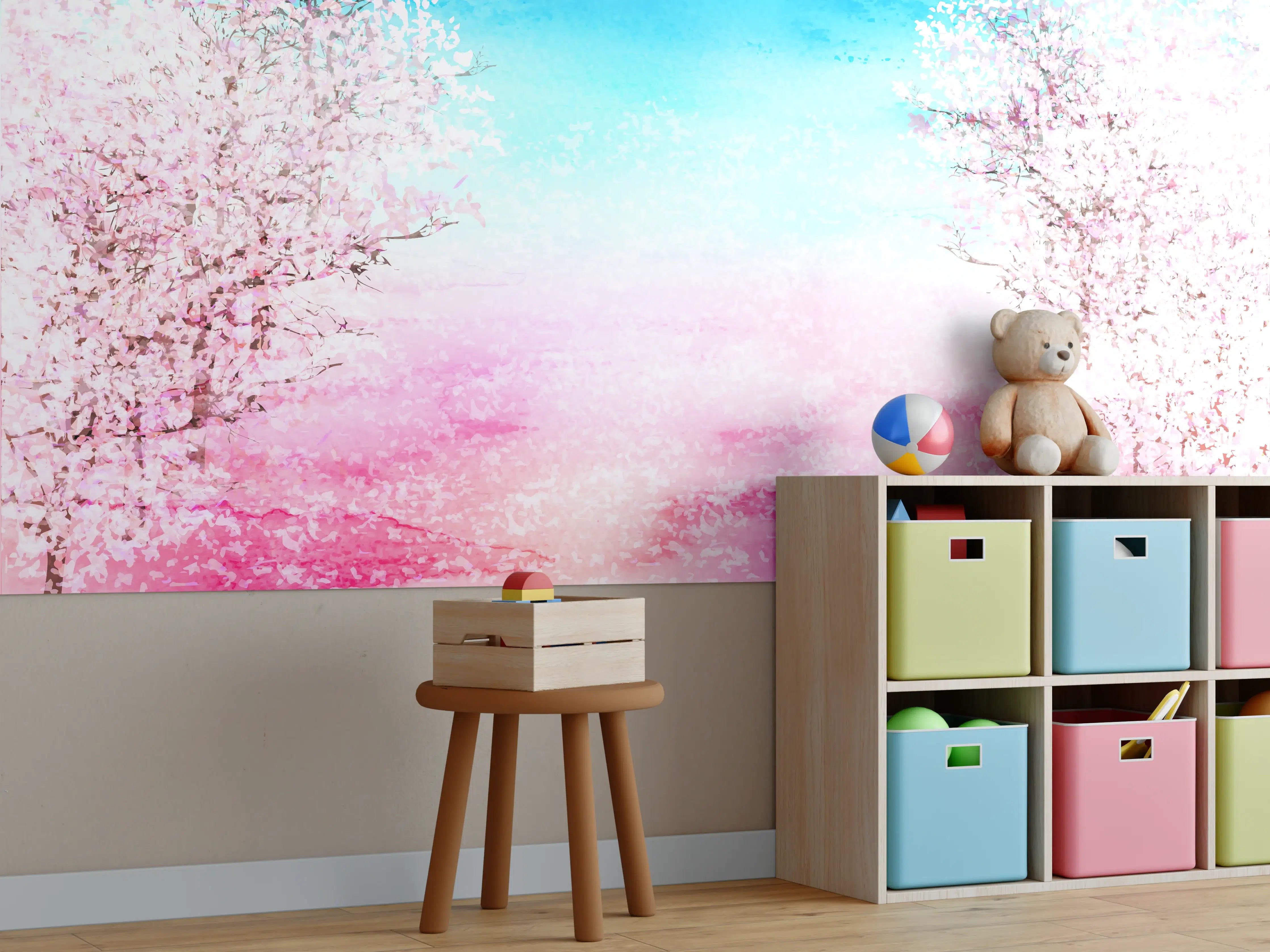 Kinderzimmer Wandgestaltung - Aquarell Frühlingsbaum Rosa