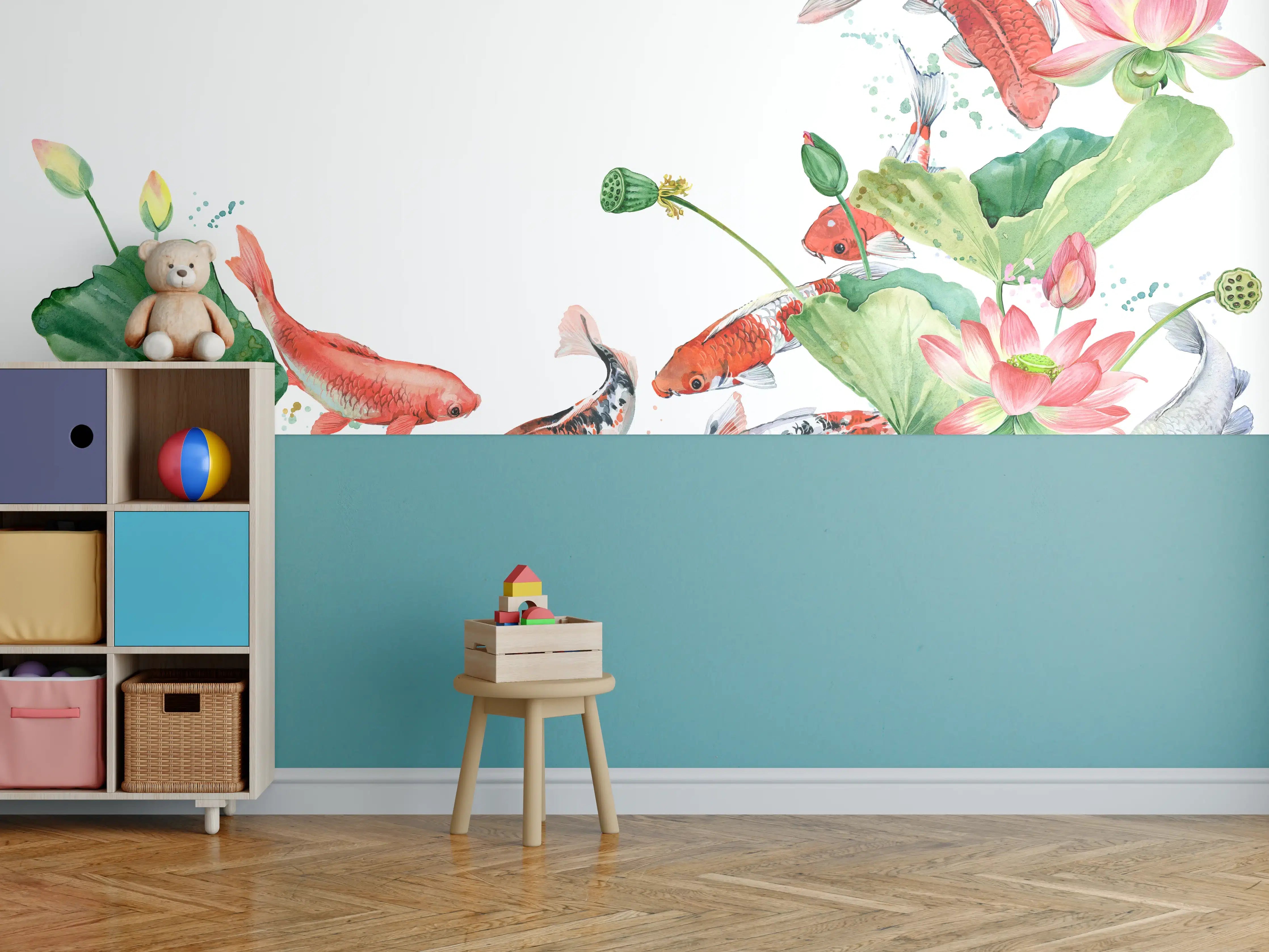Kinderzimmer Wandgestaltung - Aquarell Koi Karpfen und Lotusblume