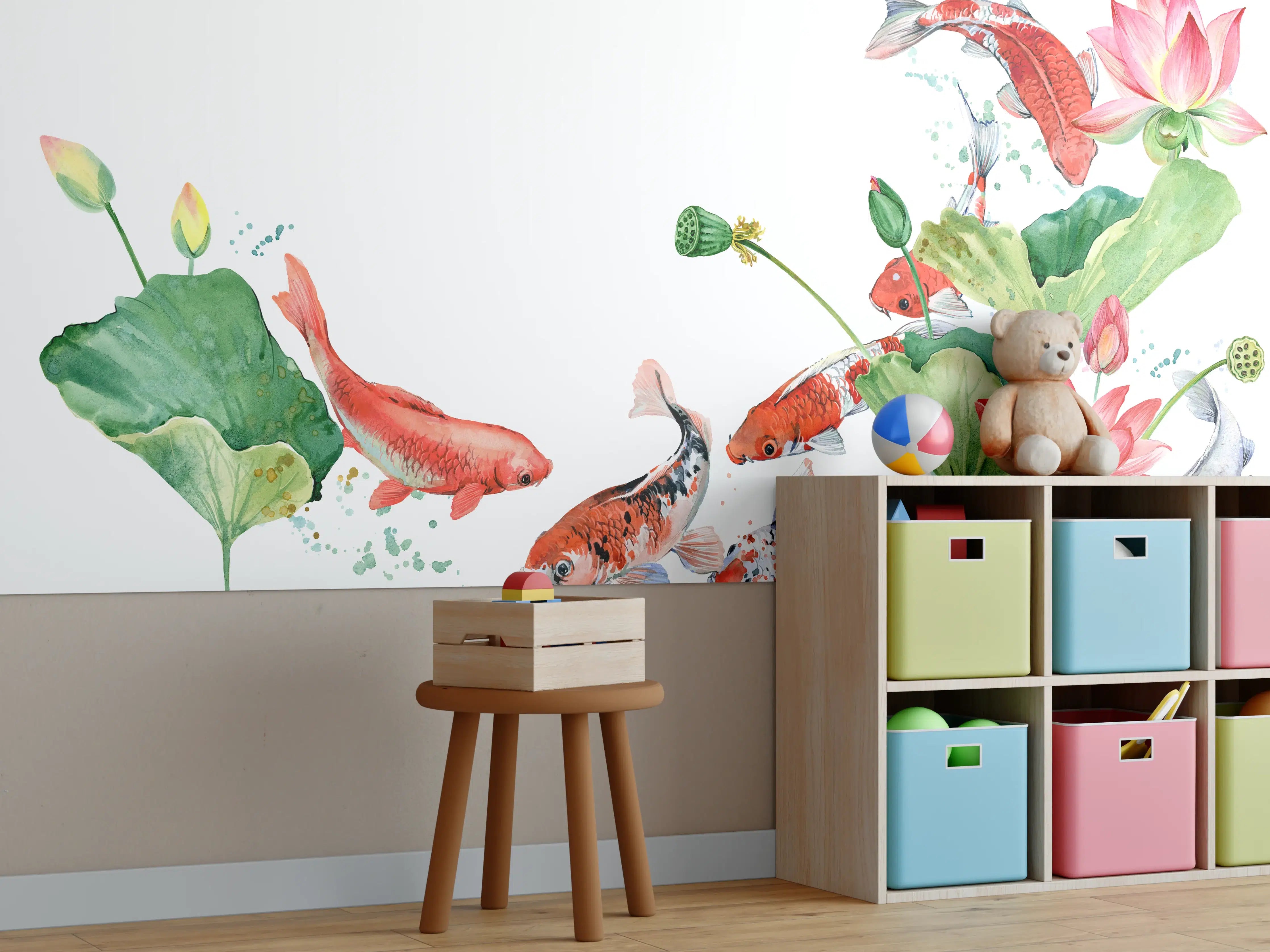 Kinderzimmer Wandgestaltung - Aquarell Koi Karpfen und Lotusblume