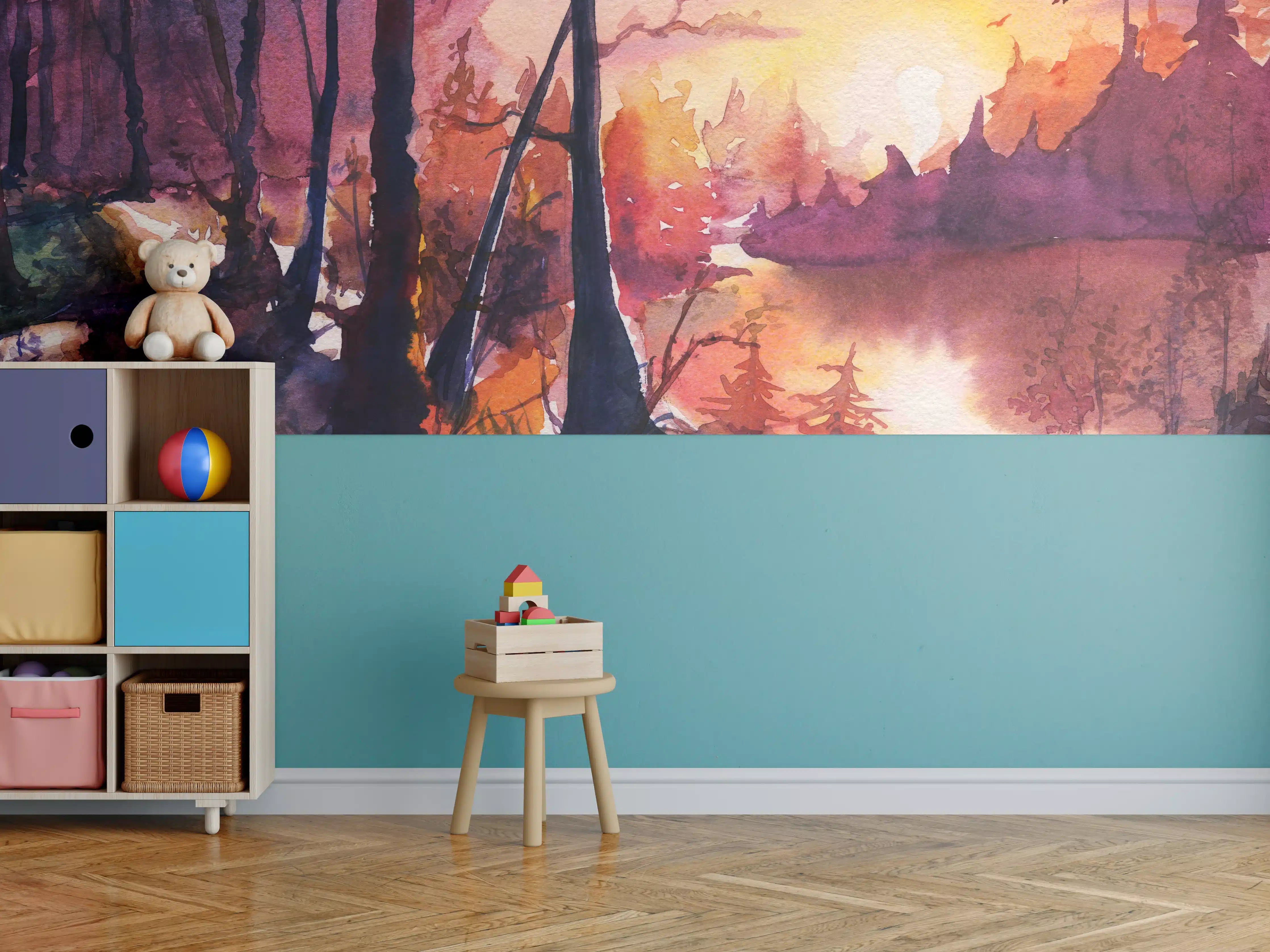 Kinderzimmer Wandgestaltung - Aquarell Waldlandschaft Malerei