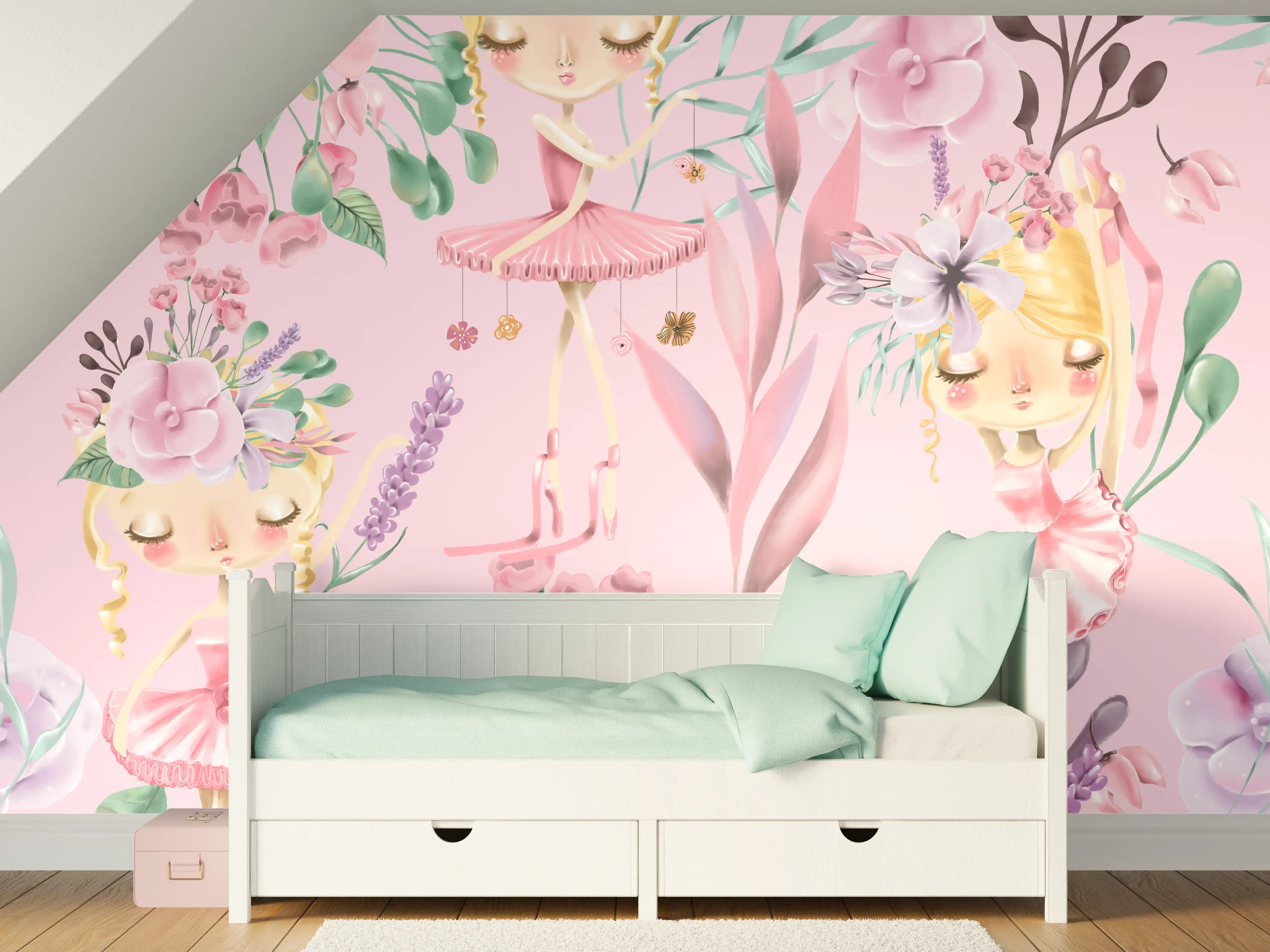 Kinderzimmer Wandgestaltung - Aquarell floralen mit niedlichen Ballett