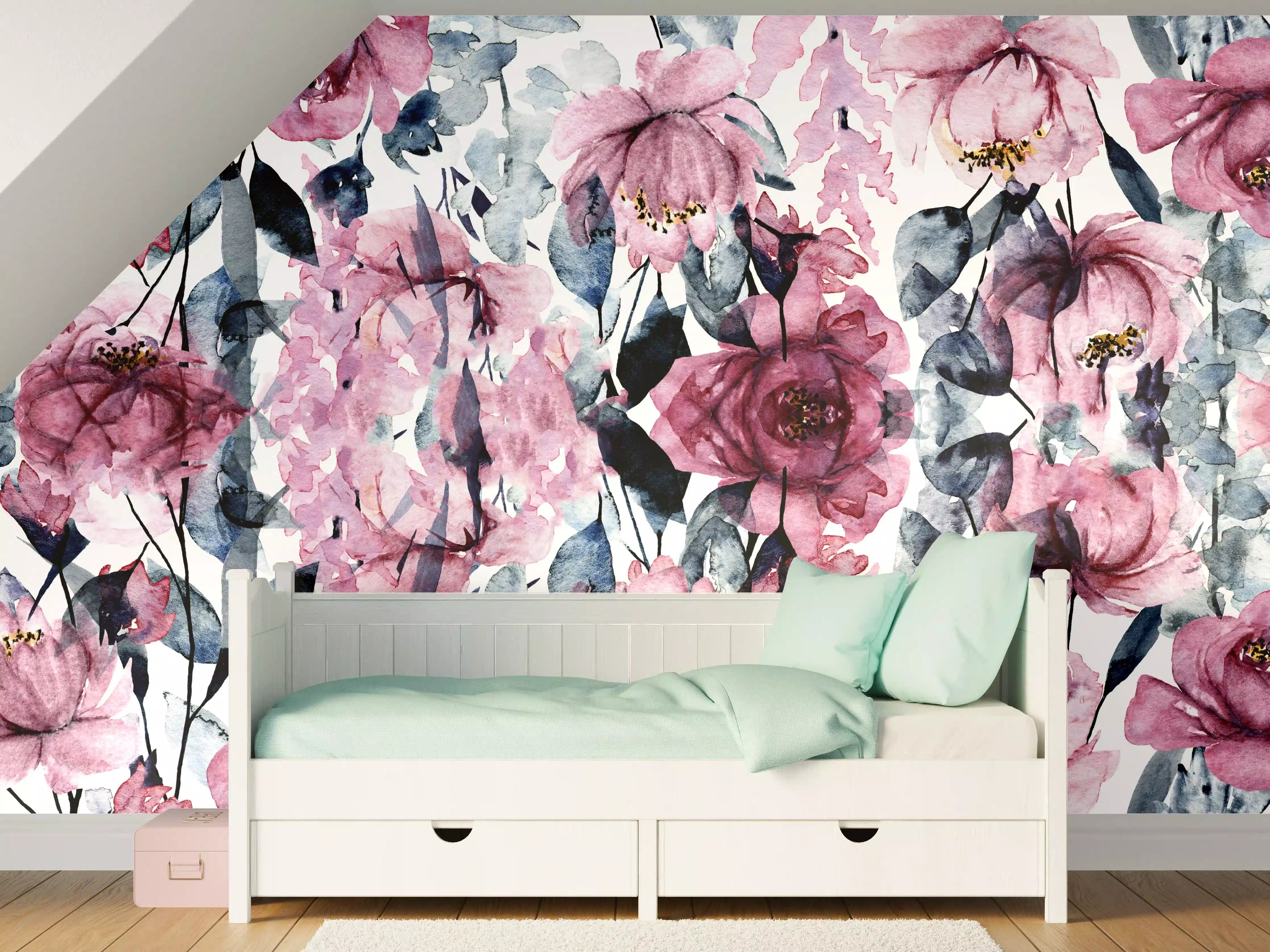 Kinderzimmer Wandgestaltung - Aquarellartige Blumendekoration in Pink und Blau