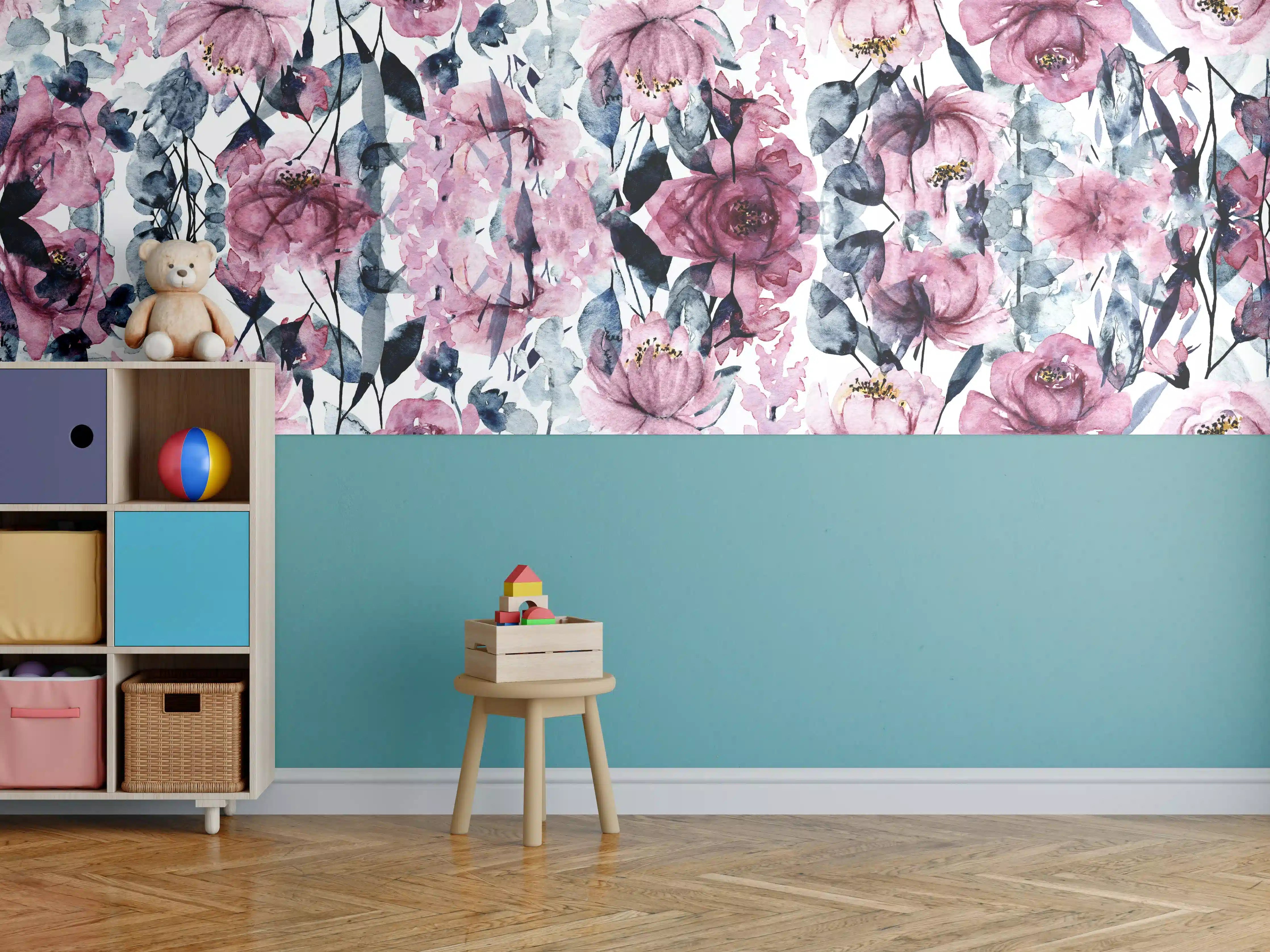 Kinderzimmer Wandgestaltung - Aquarellartige Blumendekoration in Pink und Blau