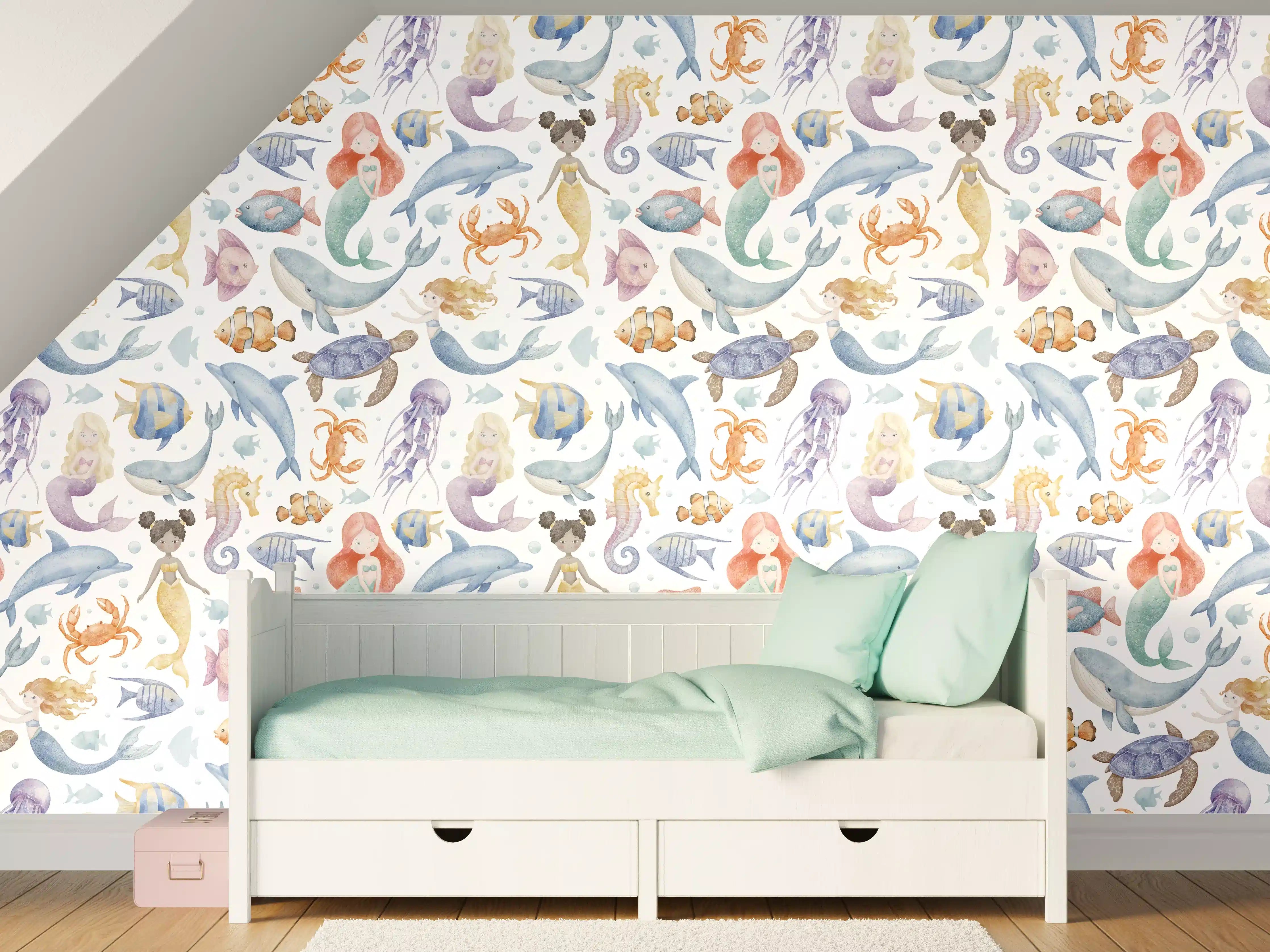 Kinderzimmer Wandgestaltung - Aquarellartige Meereswelt mit bunten Fischen