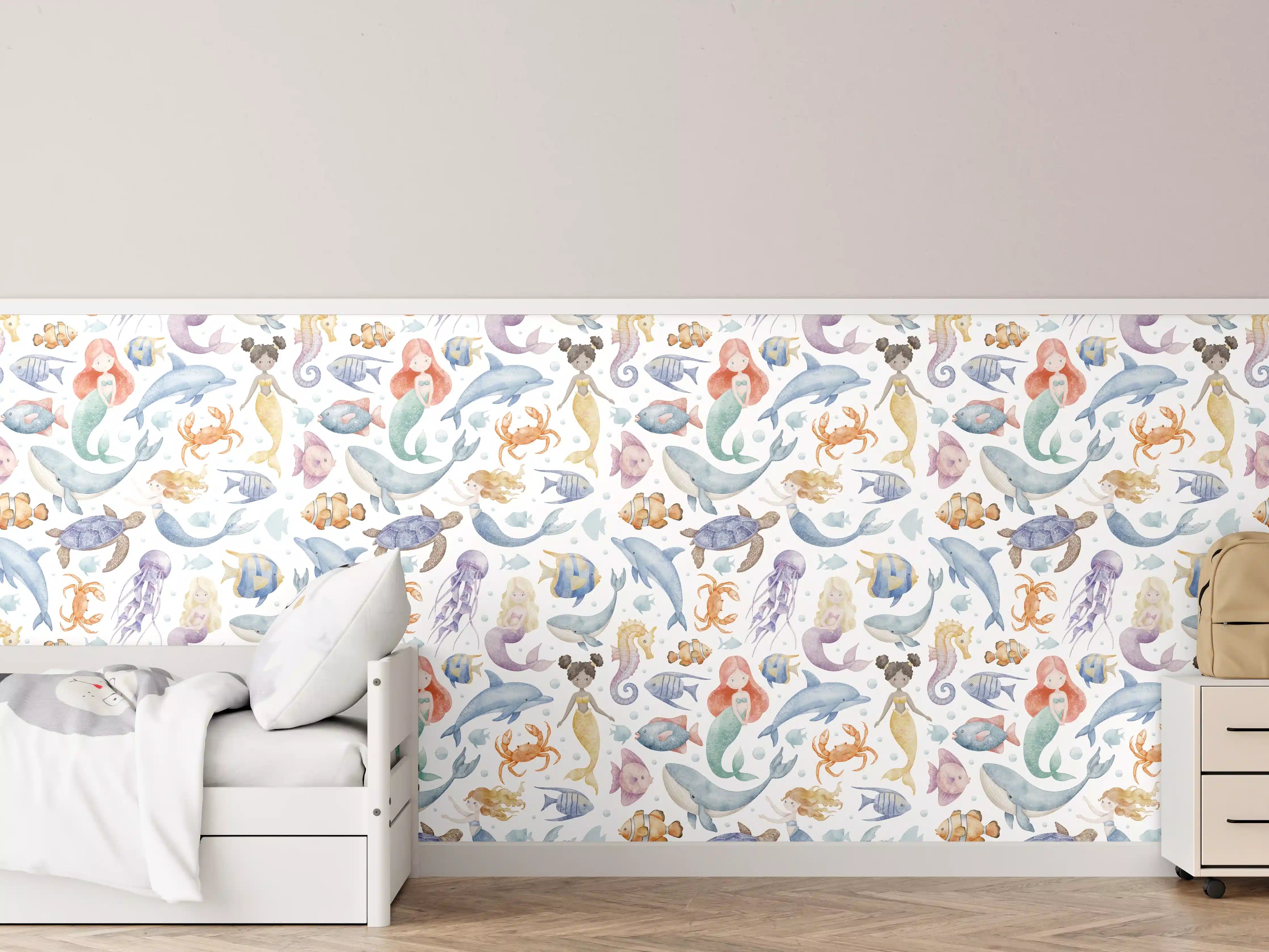 Kinderzimmer Wandgestaltung - Aquarellartige Meereswelt mit bunten Fischen