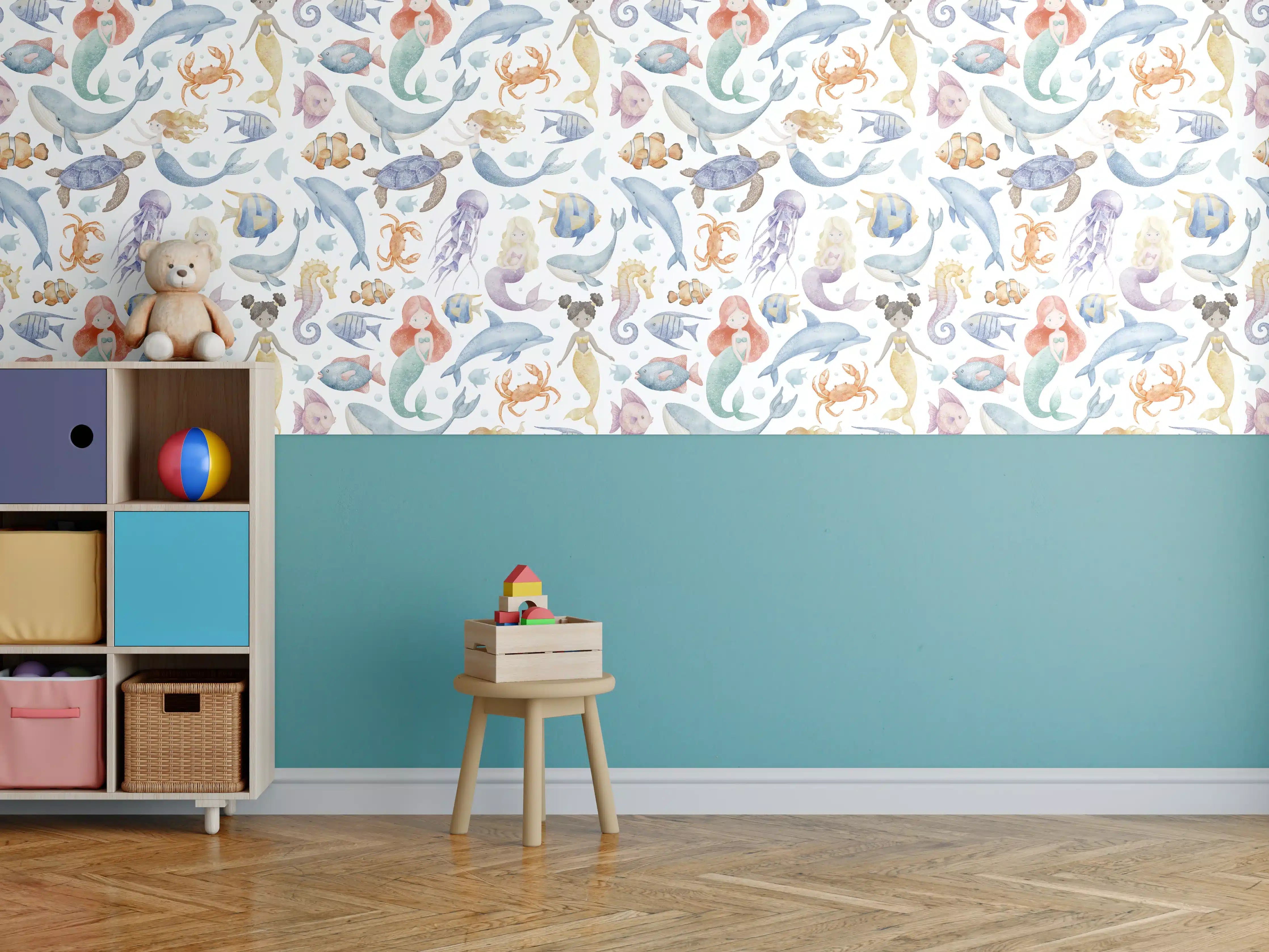 Kinderzimmer Wandgestaltung - Aquarellartige Meereswelt mit bunten Fischen