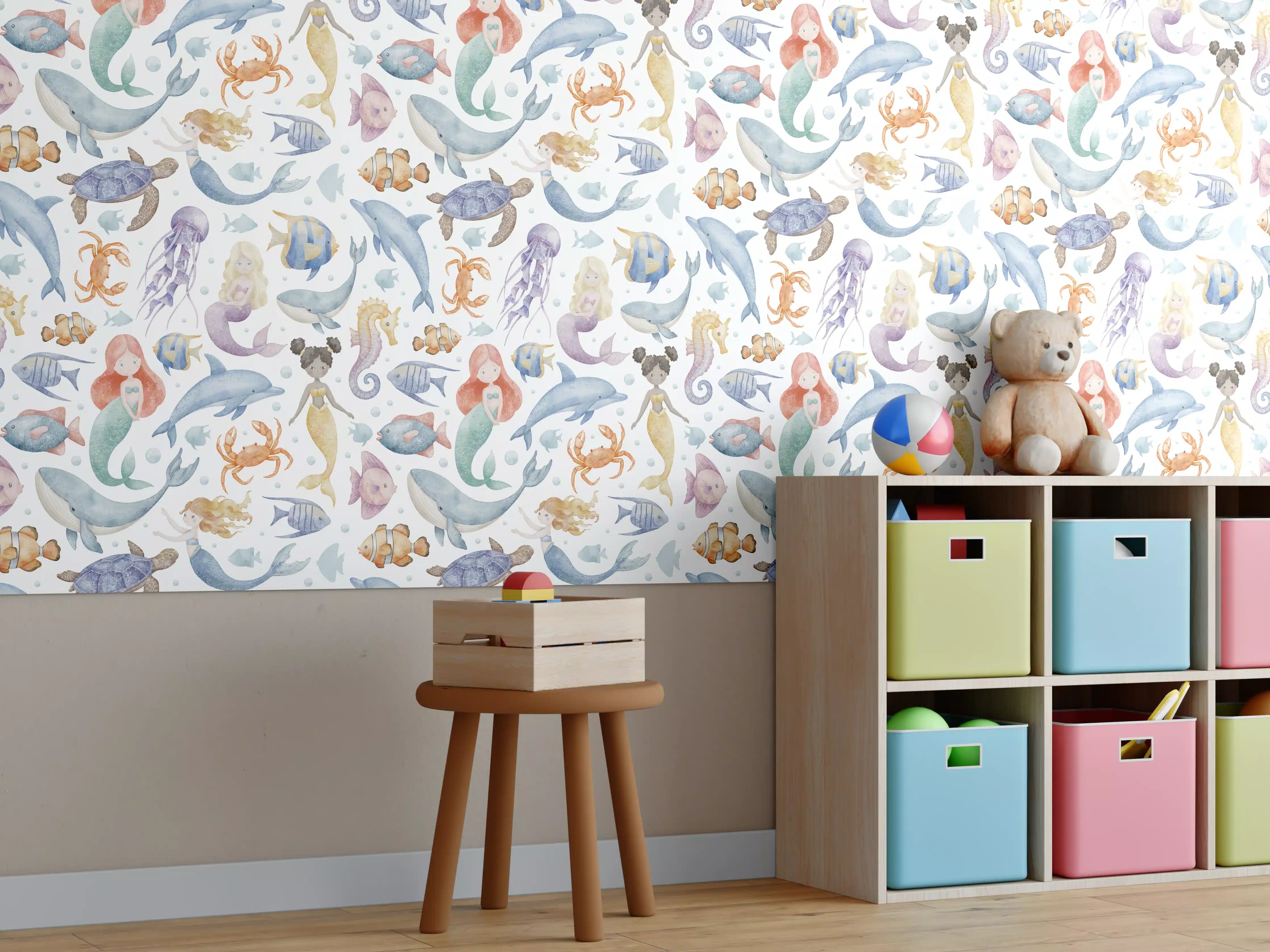 Kinderzimmer Wandgestaltung - Aquarellartige Meereswelt mit bunten Fischen