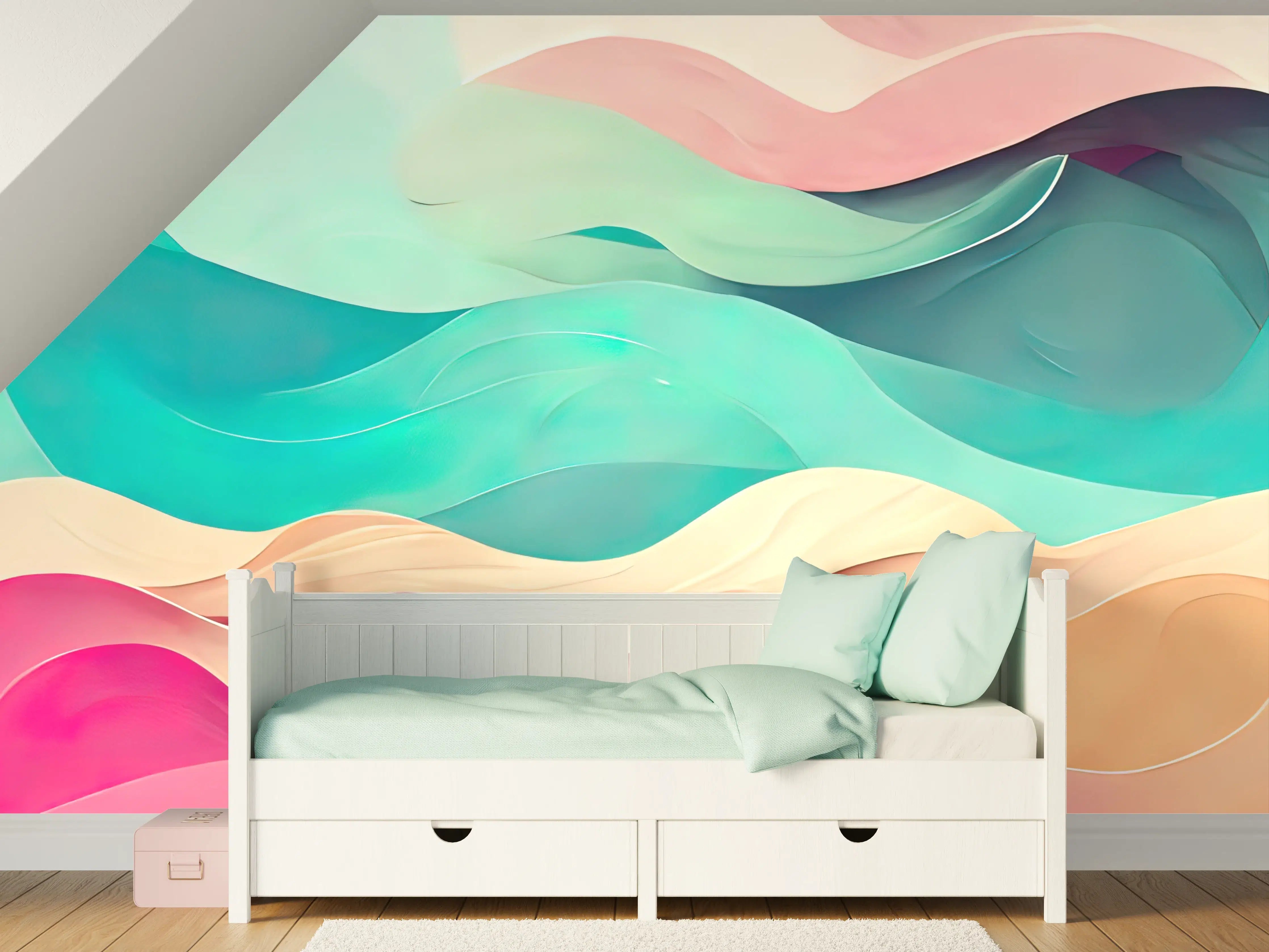 Kinderzimmer Wandgestaltung - Aquarellartige Pastellfarben-Wellen