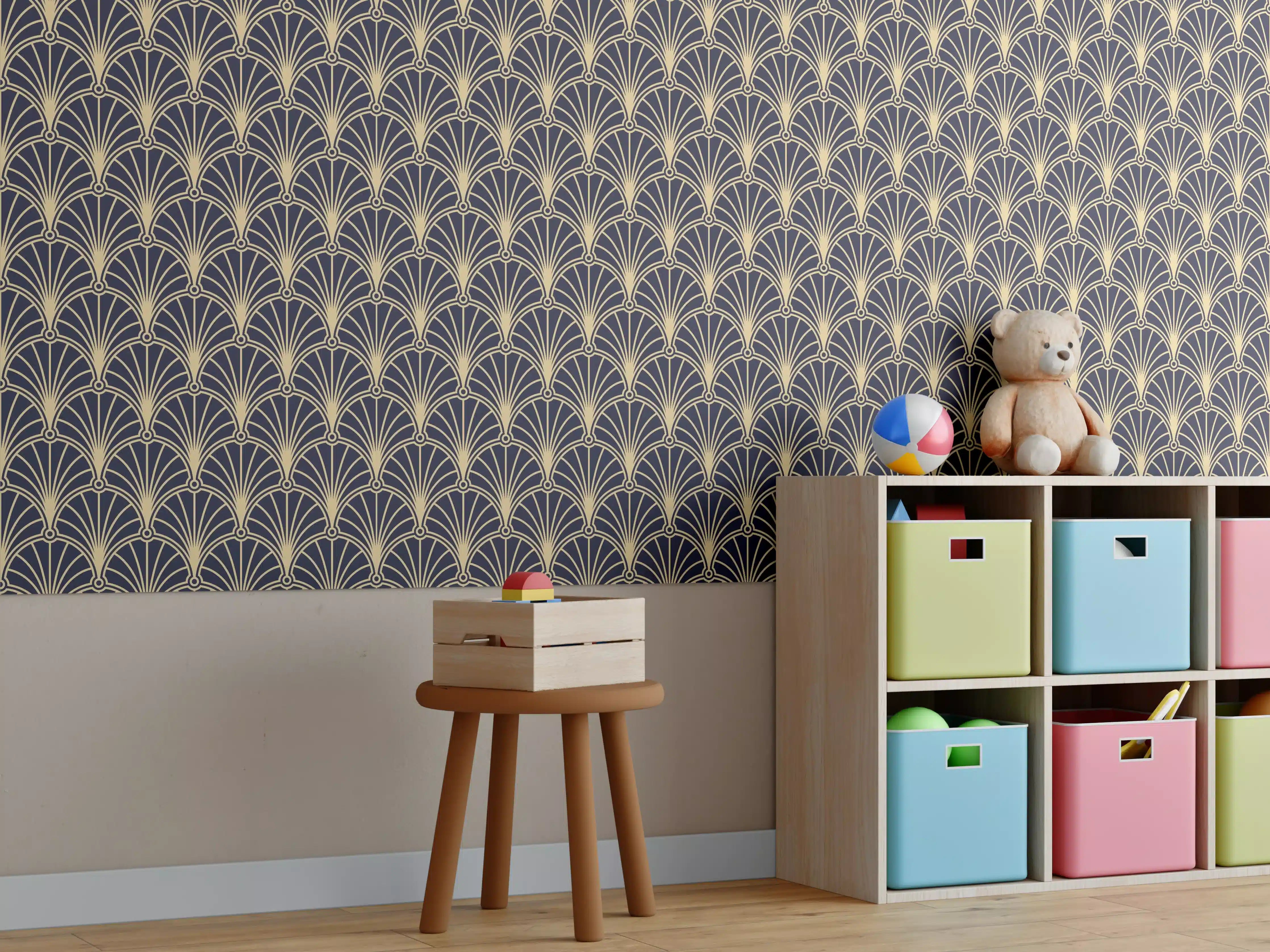 Kinderzimmer Wandgestaltung - Art Déco-Fächer-Muster Dunkel