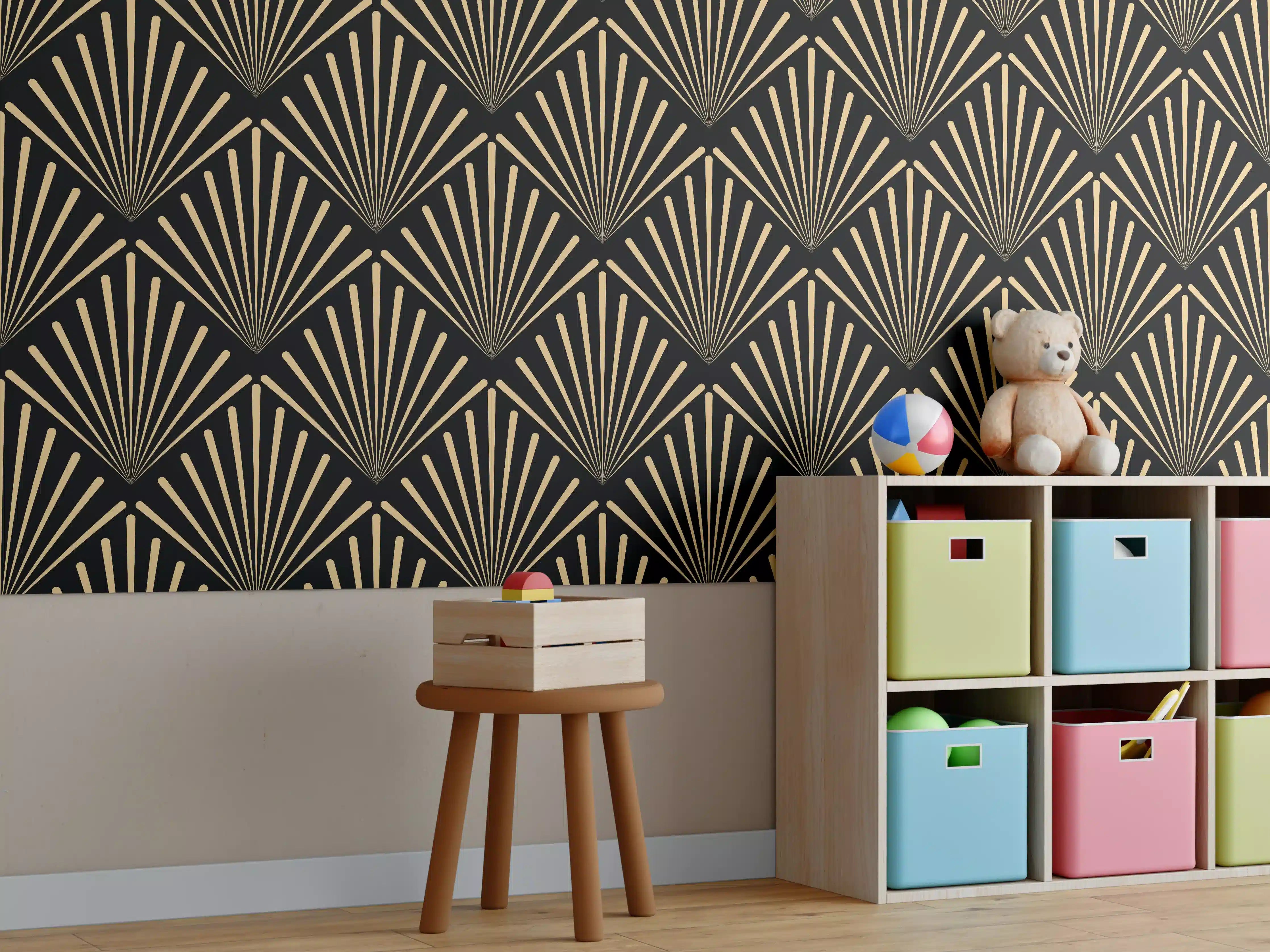 Kinderzimmer Wandgestaltung - Art-Deco-Muster Gold Schwarz