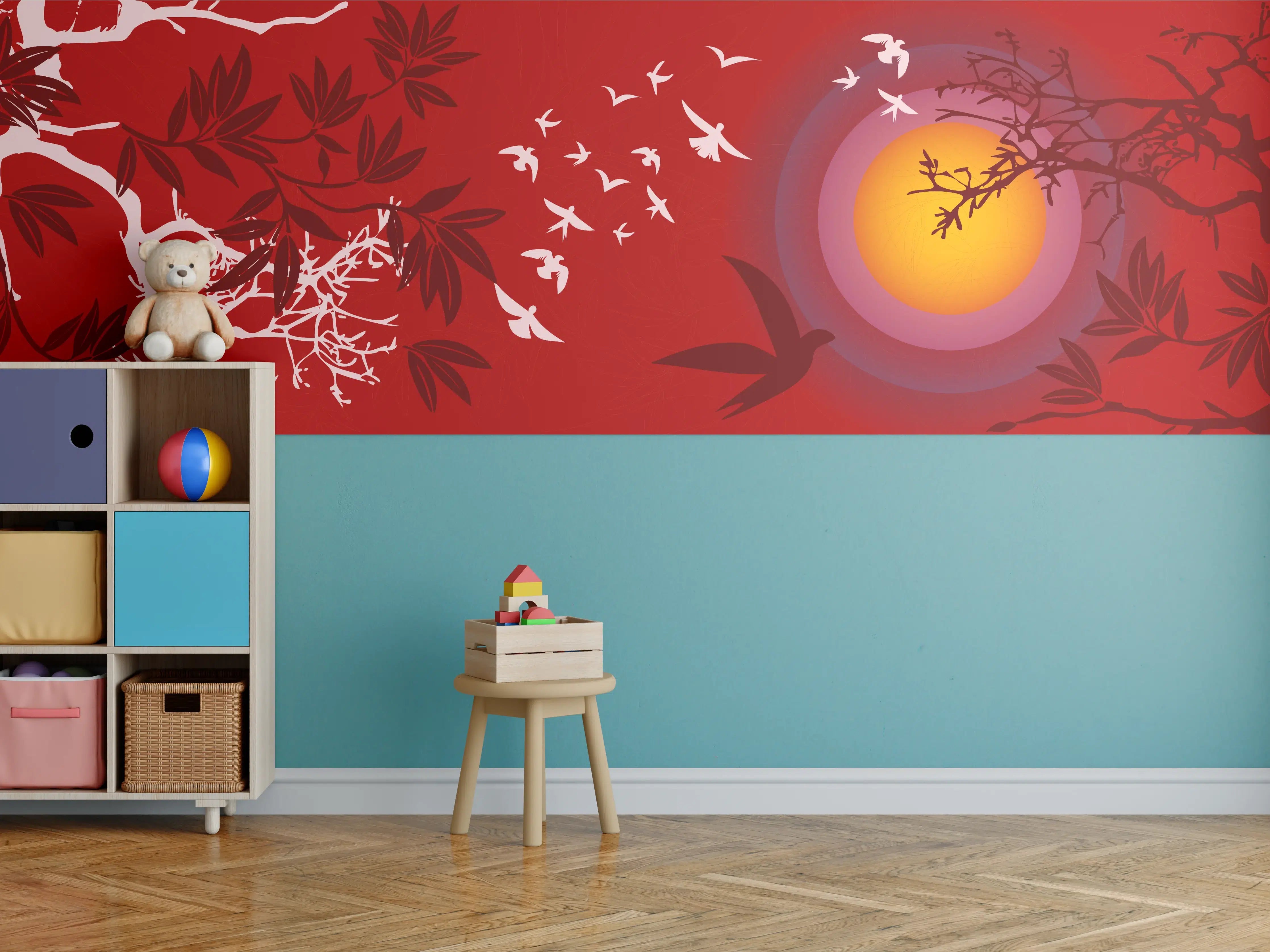Kinderzimmer Wandgestaltung - Asiatischer Sonnenuntergang Rot