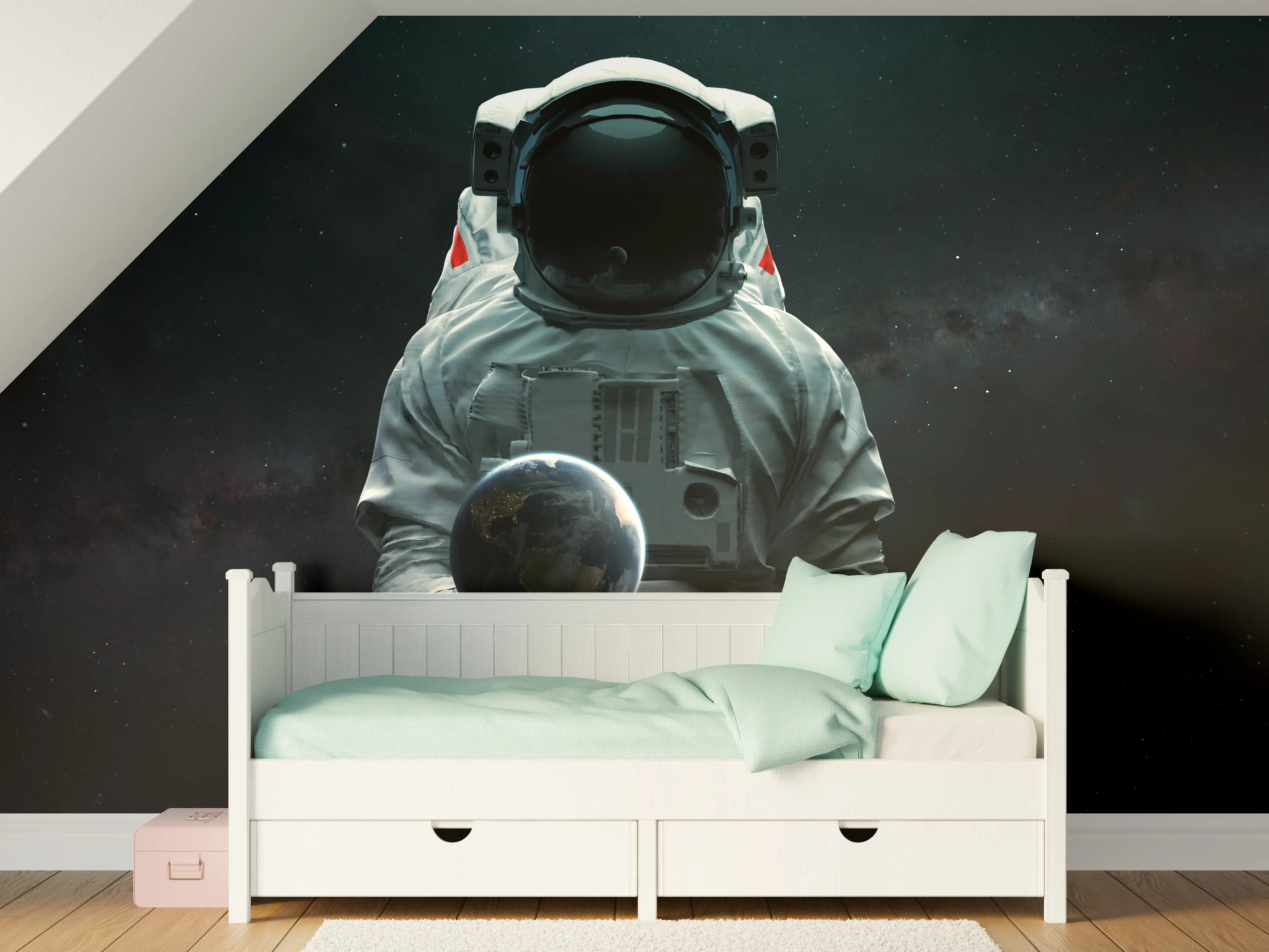 Kinderzimmer Wandgestaltung - Astronaut mit Erdkugel Kunstwerk