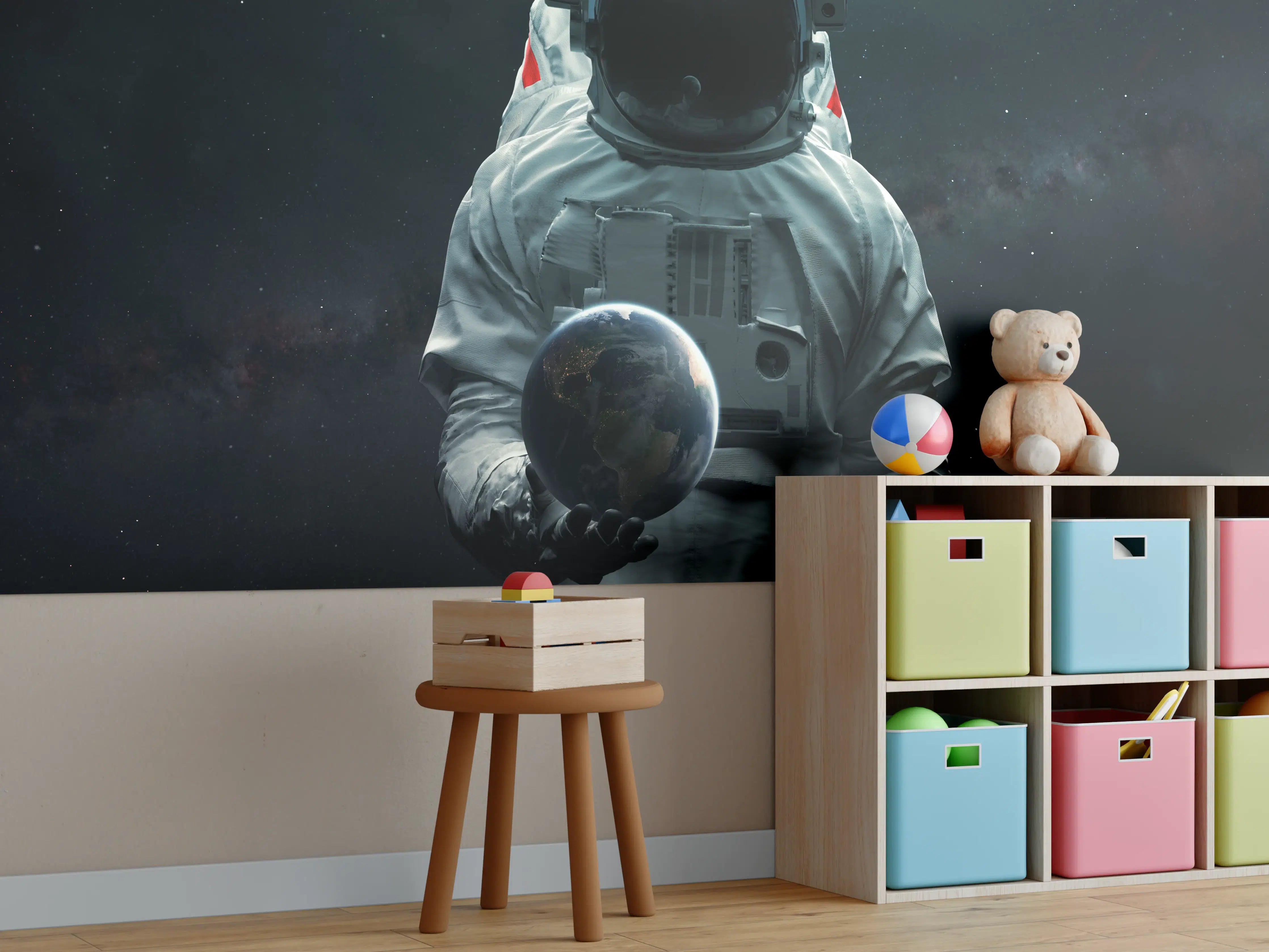 Kinderzimmer Wandgestaltung - Astronaut mit Erdkugel Kunstwerk