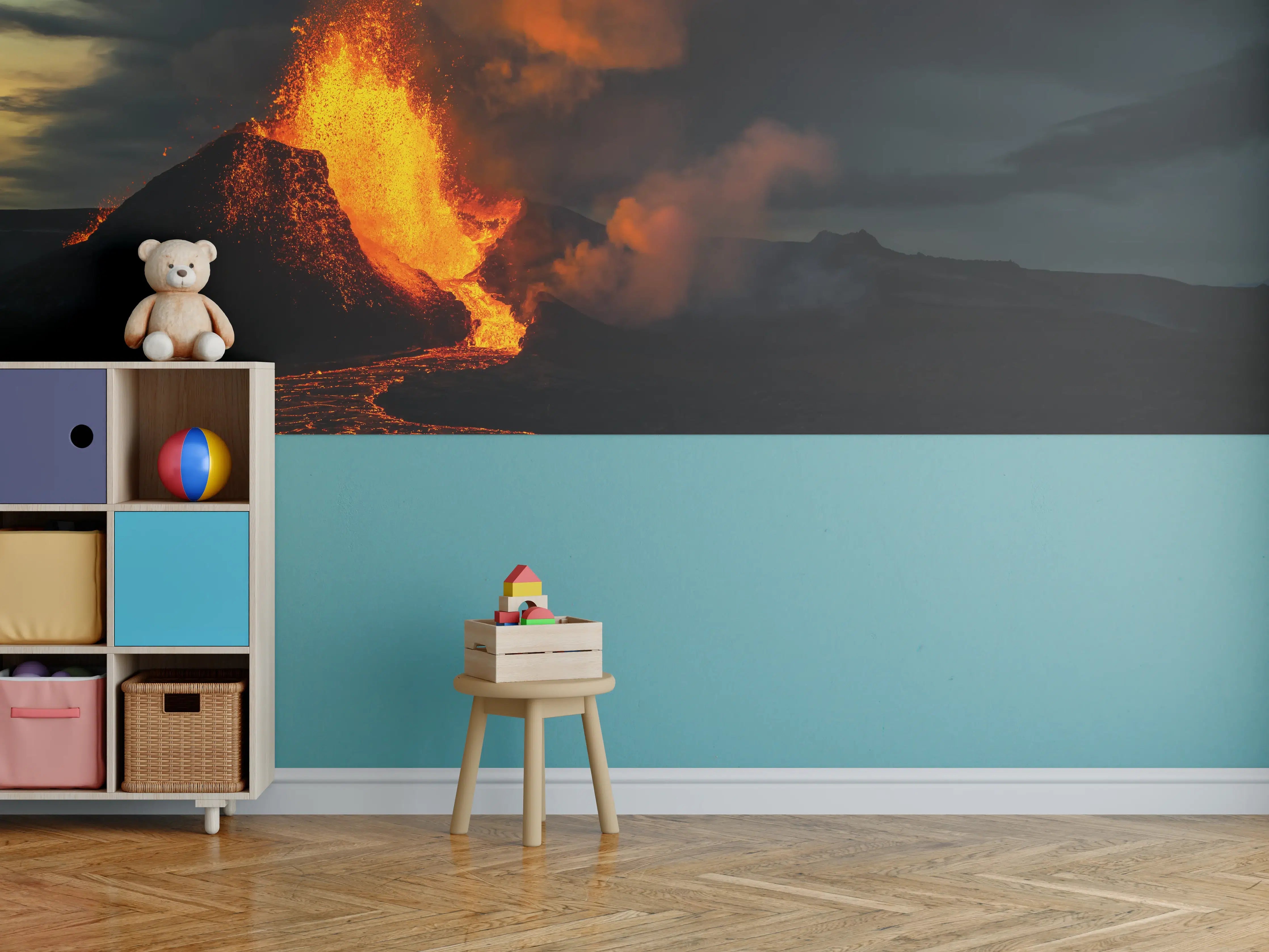 Kinderzimmer Wandgestaltung - Ausbruch vom Vulkan in der Nacht