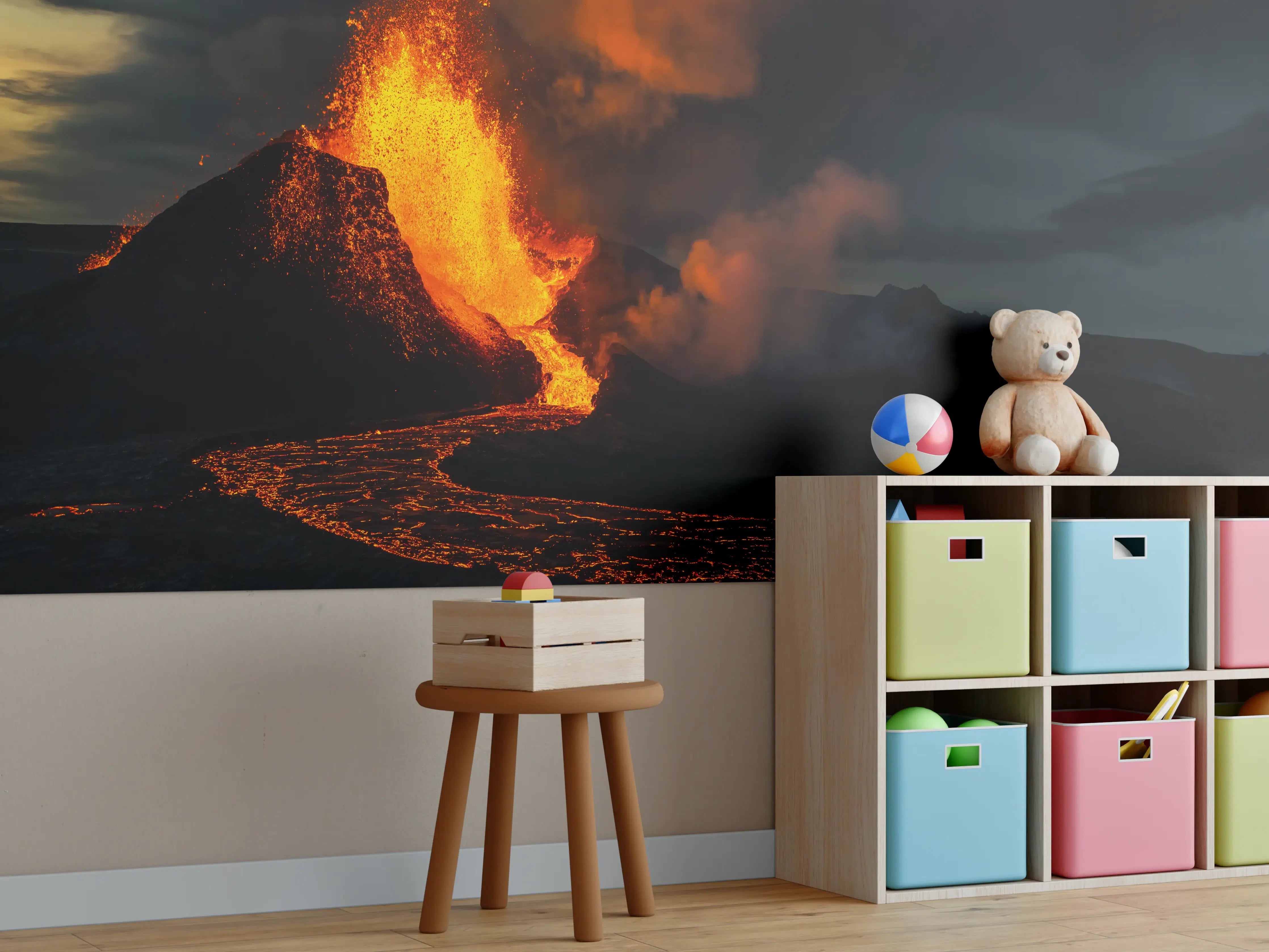 Kinderzimmer Wandgestaltung - Ausbruch vom Vulkan in der Nacht
