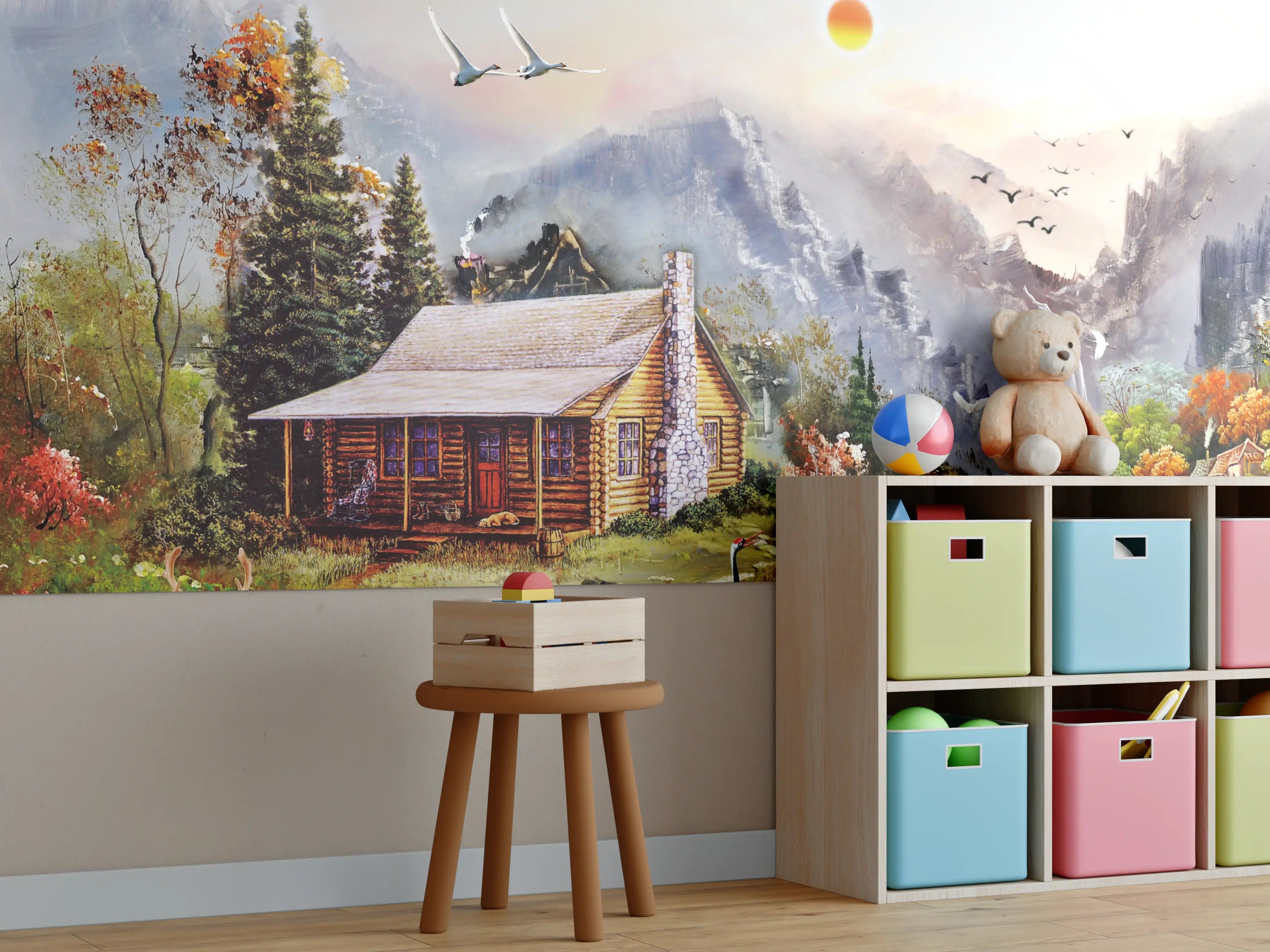 Kinderzimmer Wandgestaltung - Aussicht auf eine einsame Hütte am Fluss