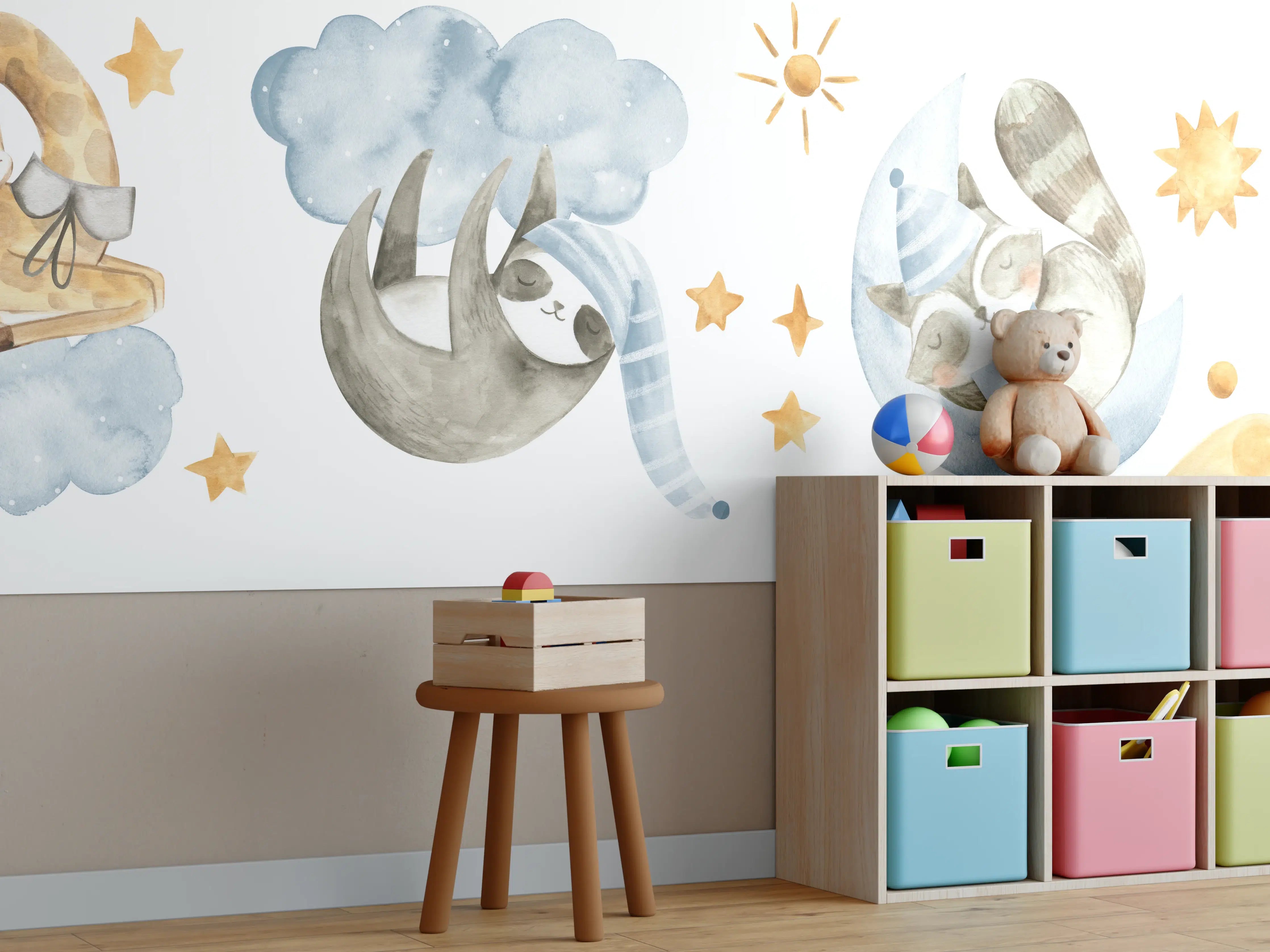 Kinderzimmer Wandgestaltung - Babytier-Aquarelle Blautöne