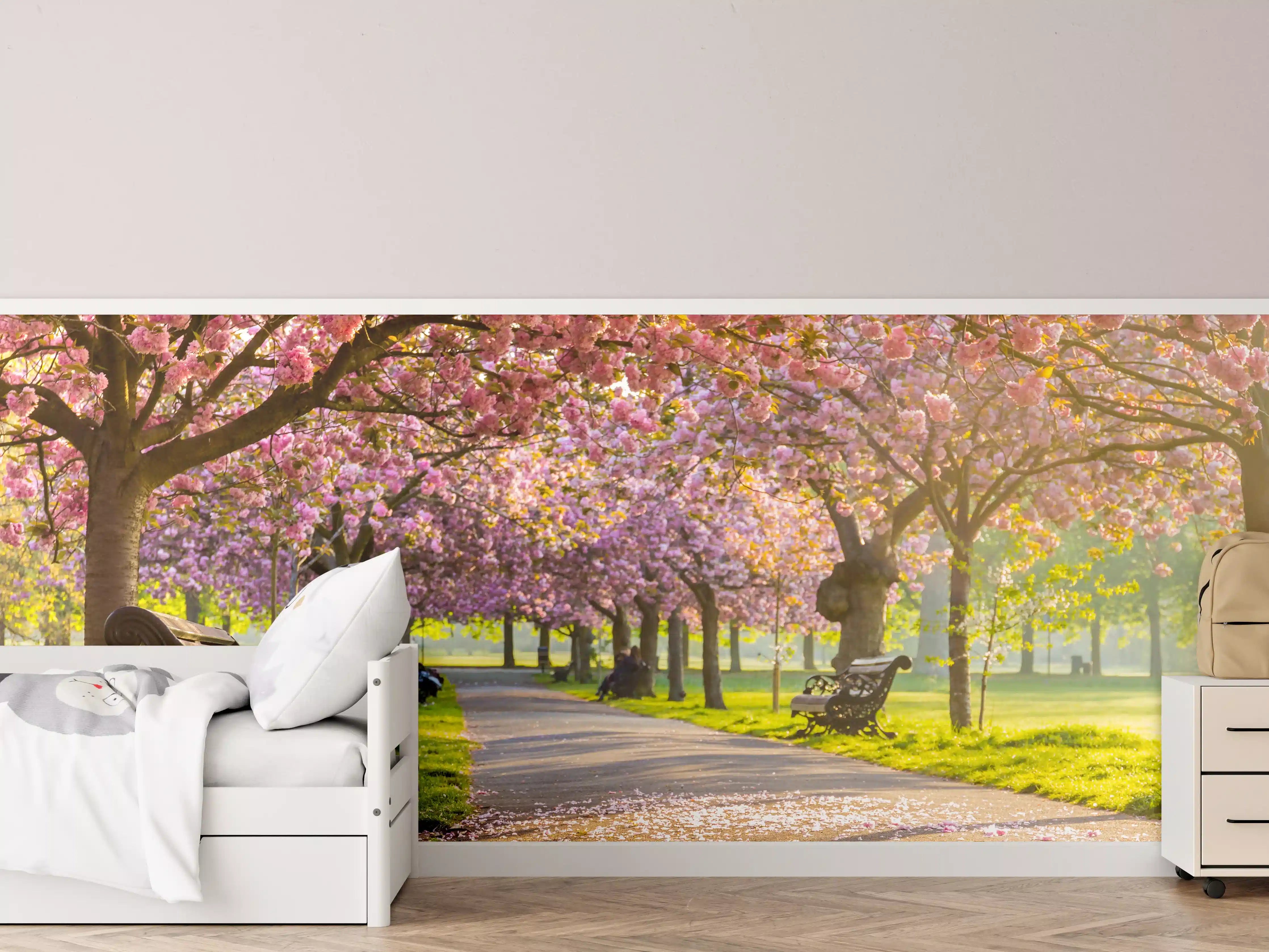 Kinderzimmer Wandgestaltung - Bänke unter Kirschblütenbäumen