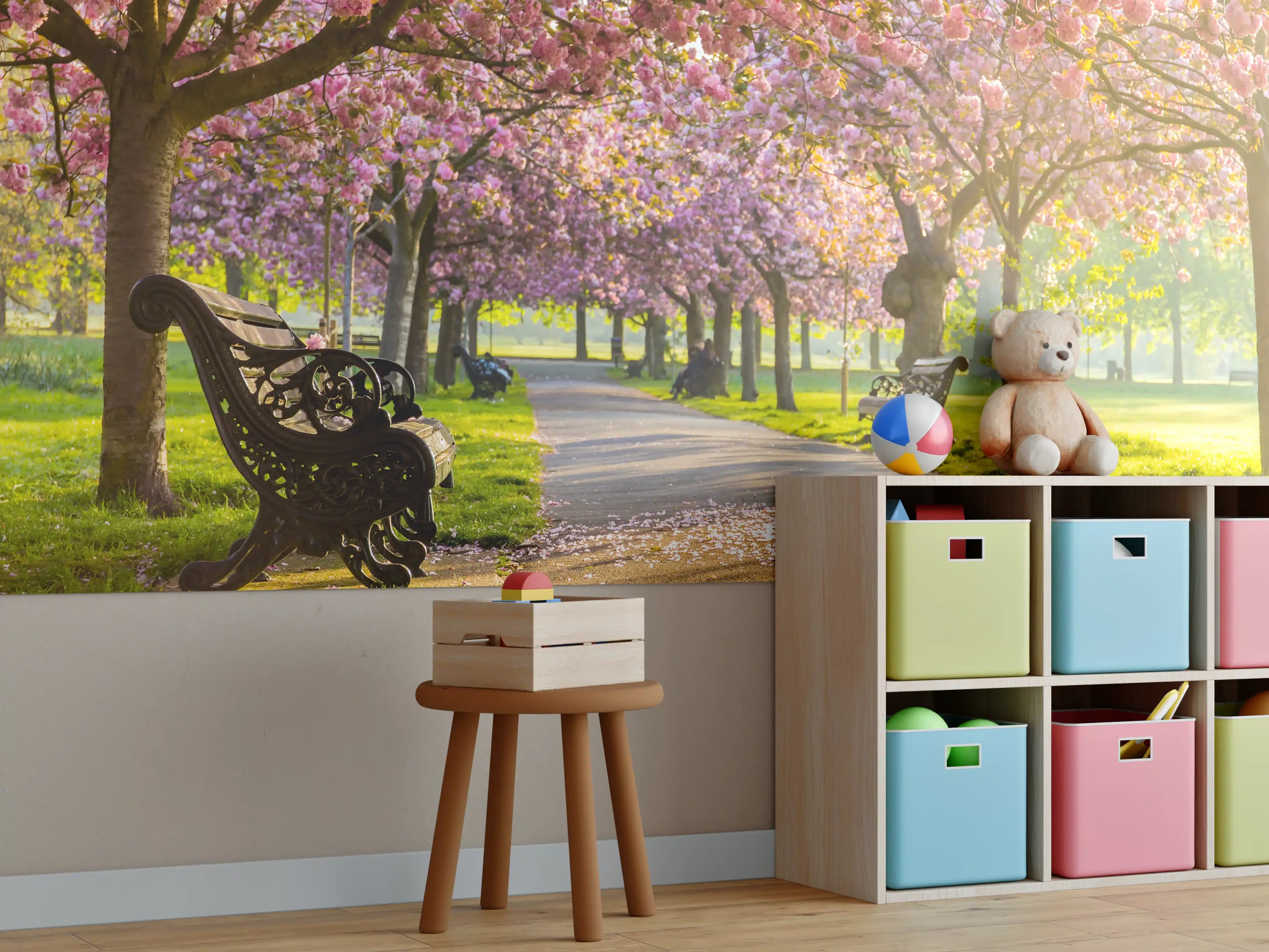Kinderzimmer Wandgestaltung - Bänke unter Kirschblütenbäumen