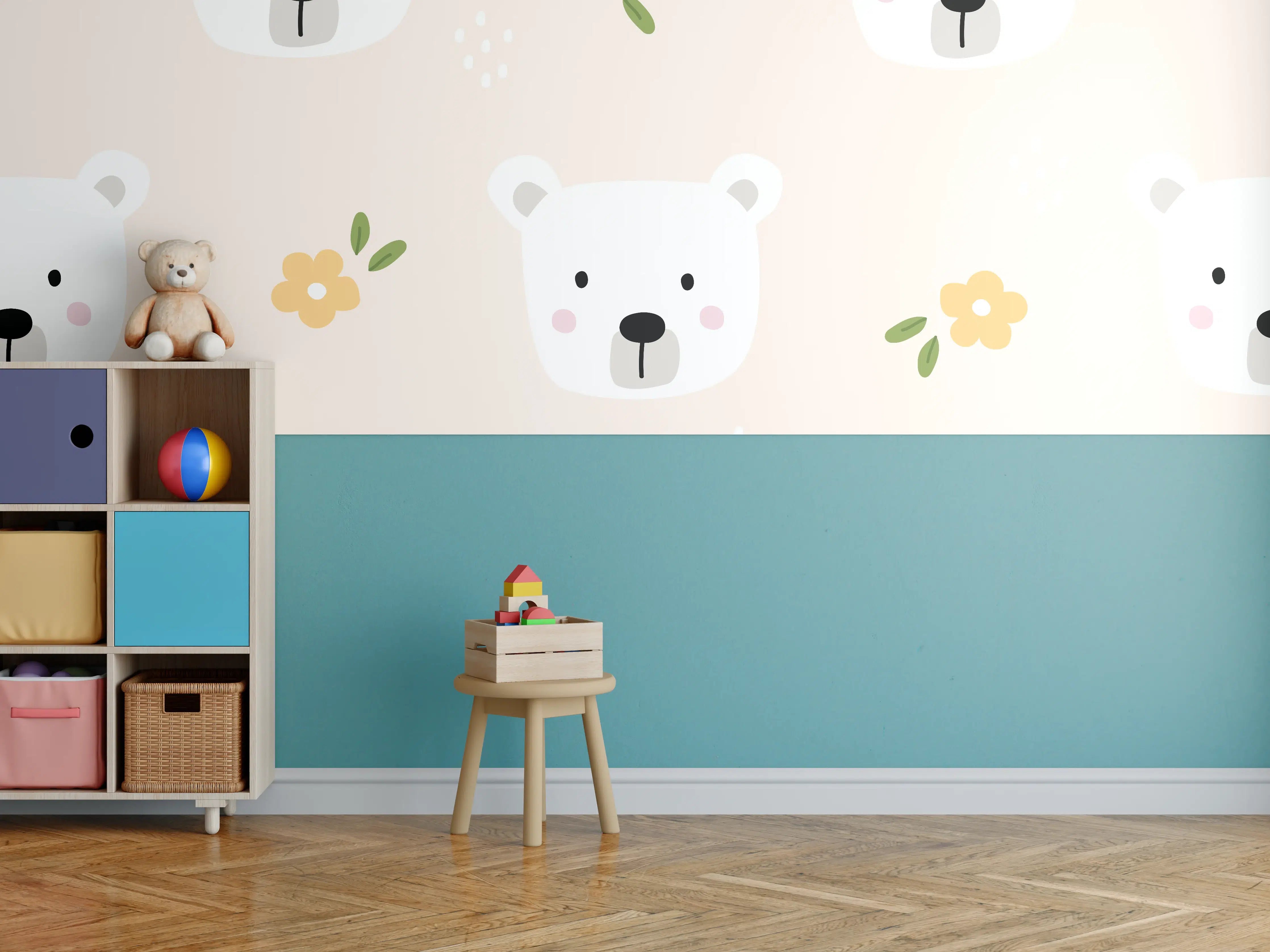 Kinderzimmer Wandgestaltung - Bärenkopf Muster Rosa Creme