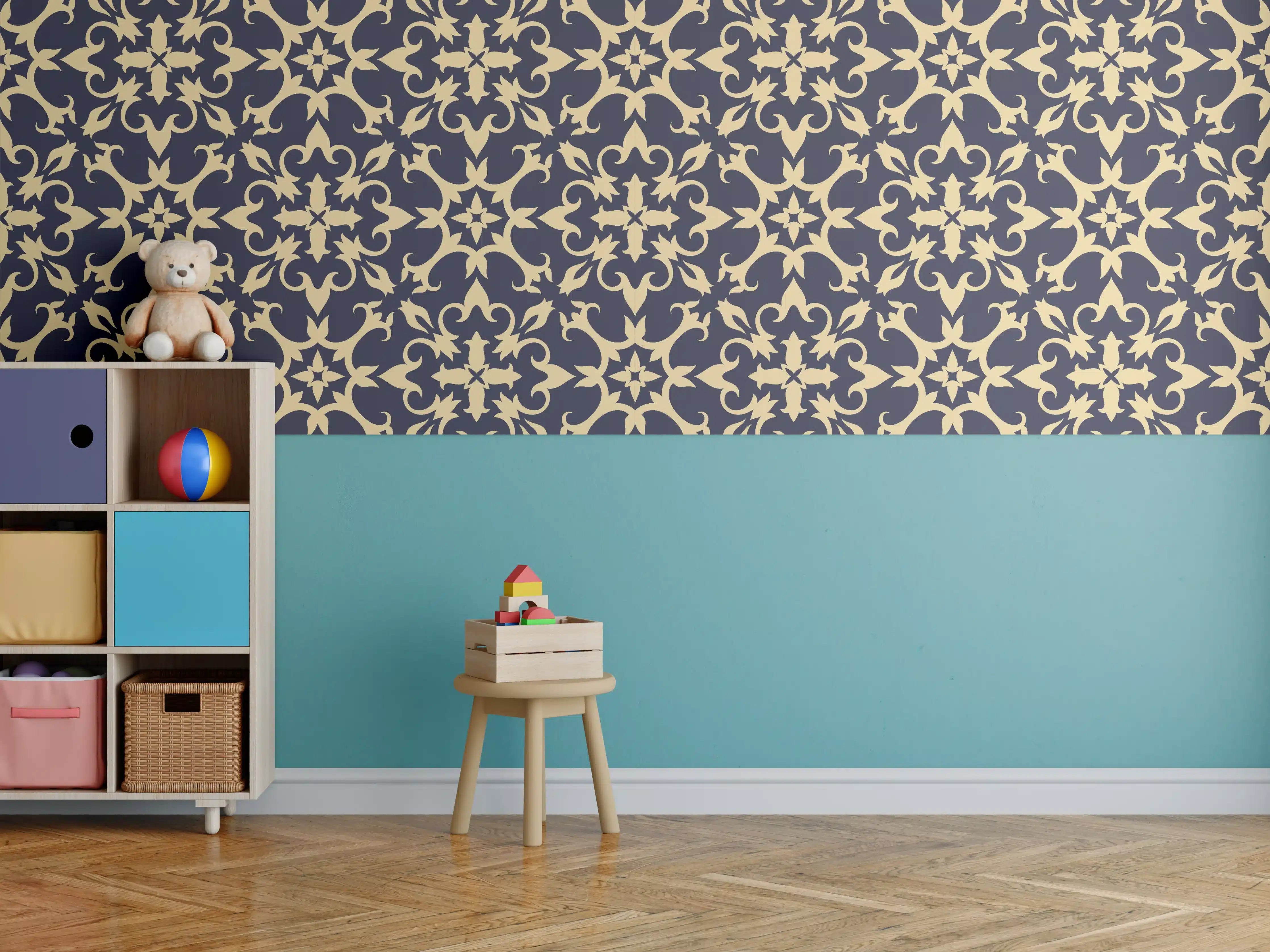 Kinderzimmer Wandgestaltung - Barockes Blau-Gold Muster