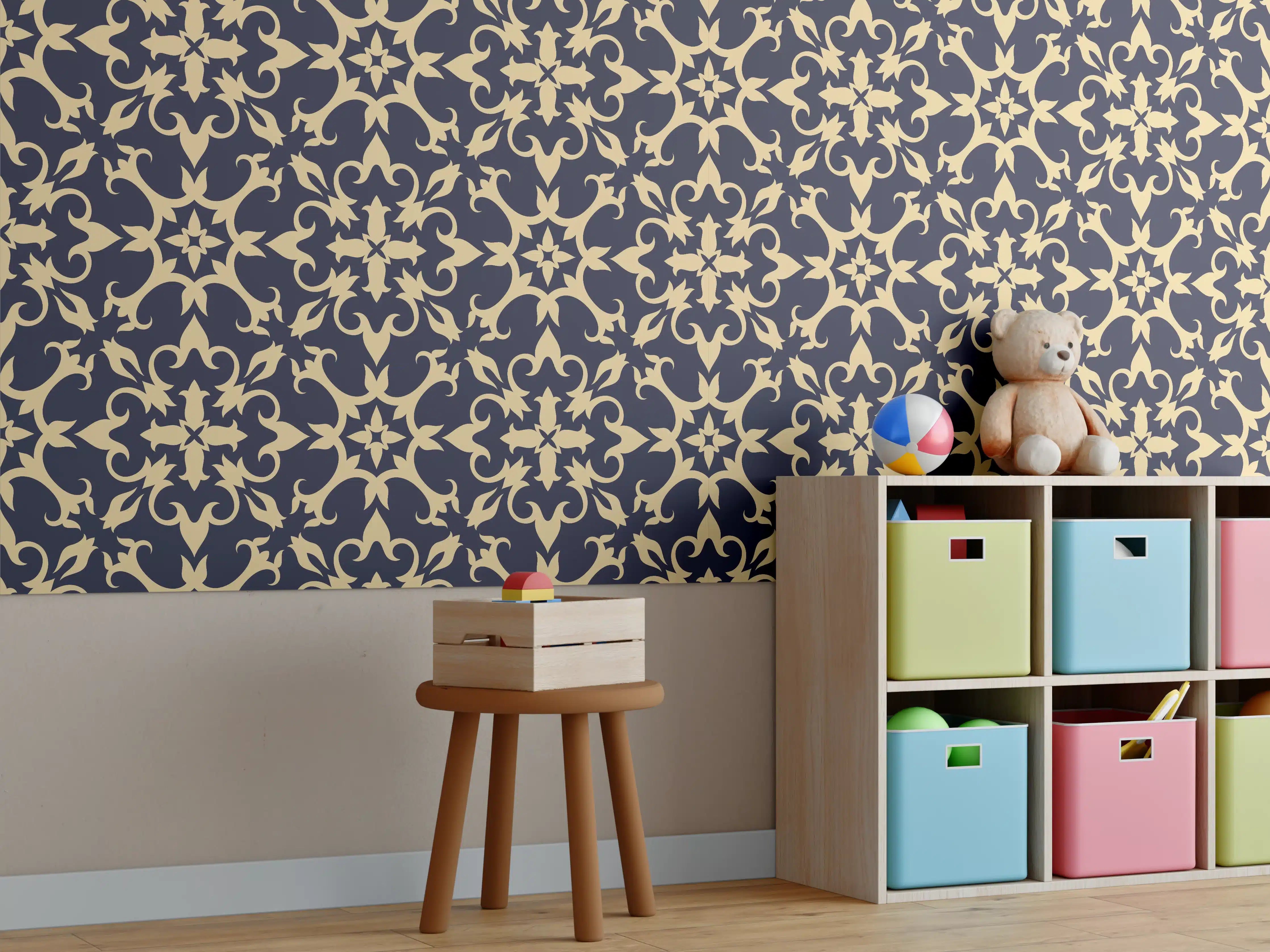 Kinderzimmer Wandgestaltung - Barockes Blau-Gold Muster