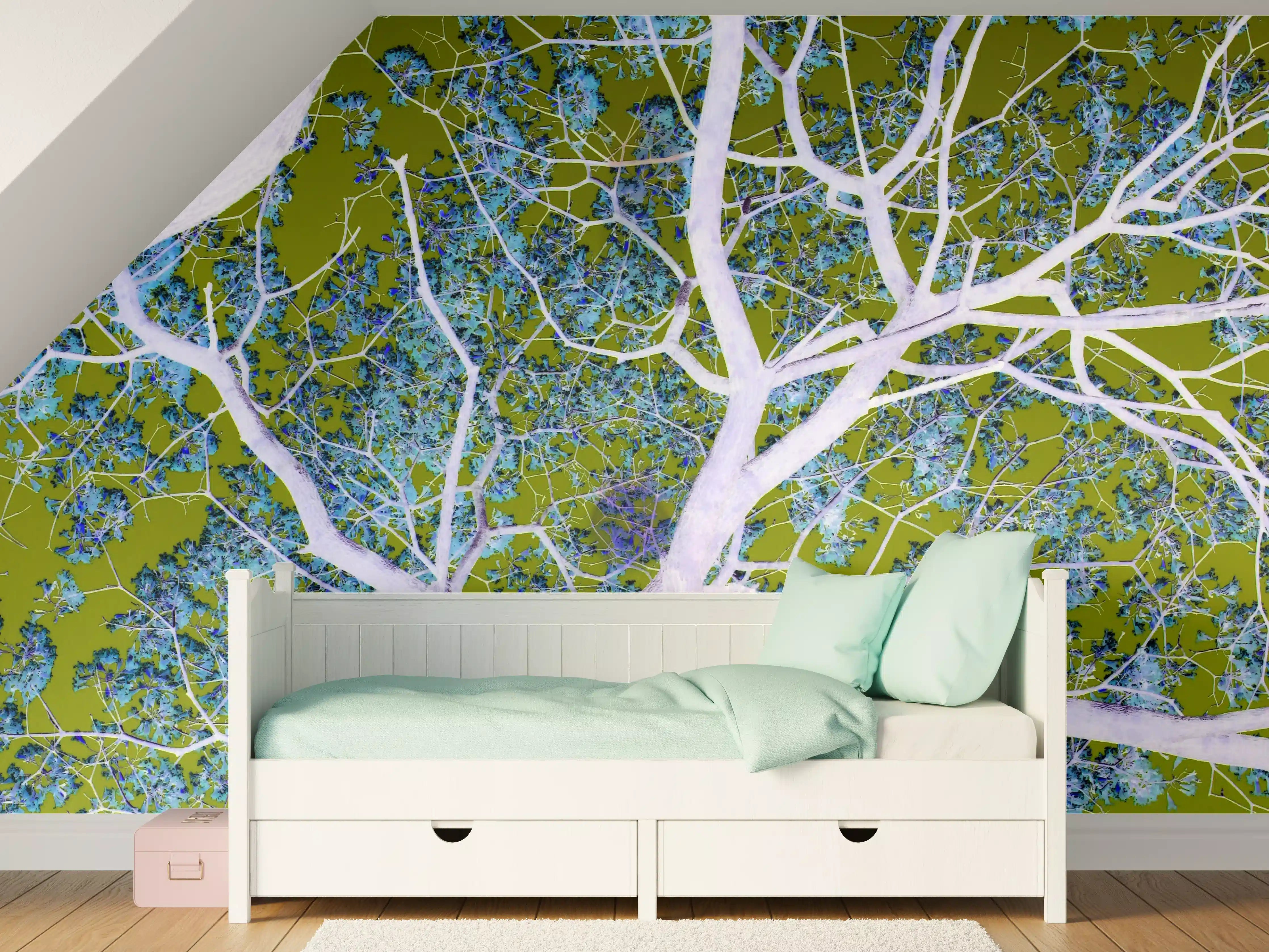 Kinderzimmer Wandgestaltung - Baum mit grünen Blättern und blauen Himmel