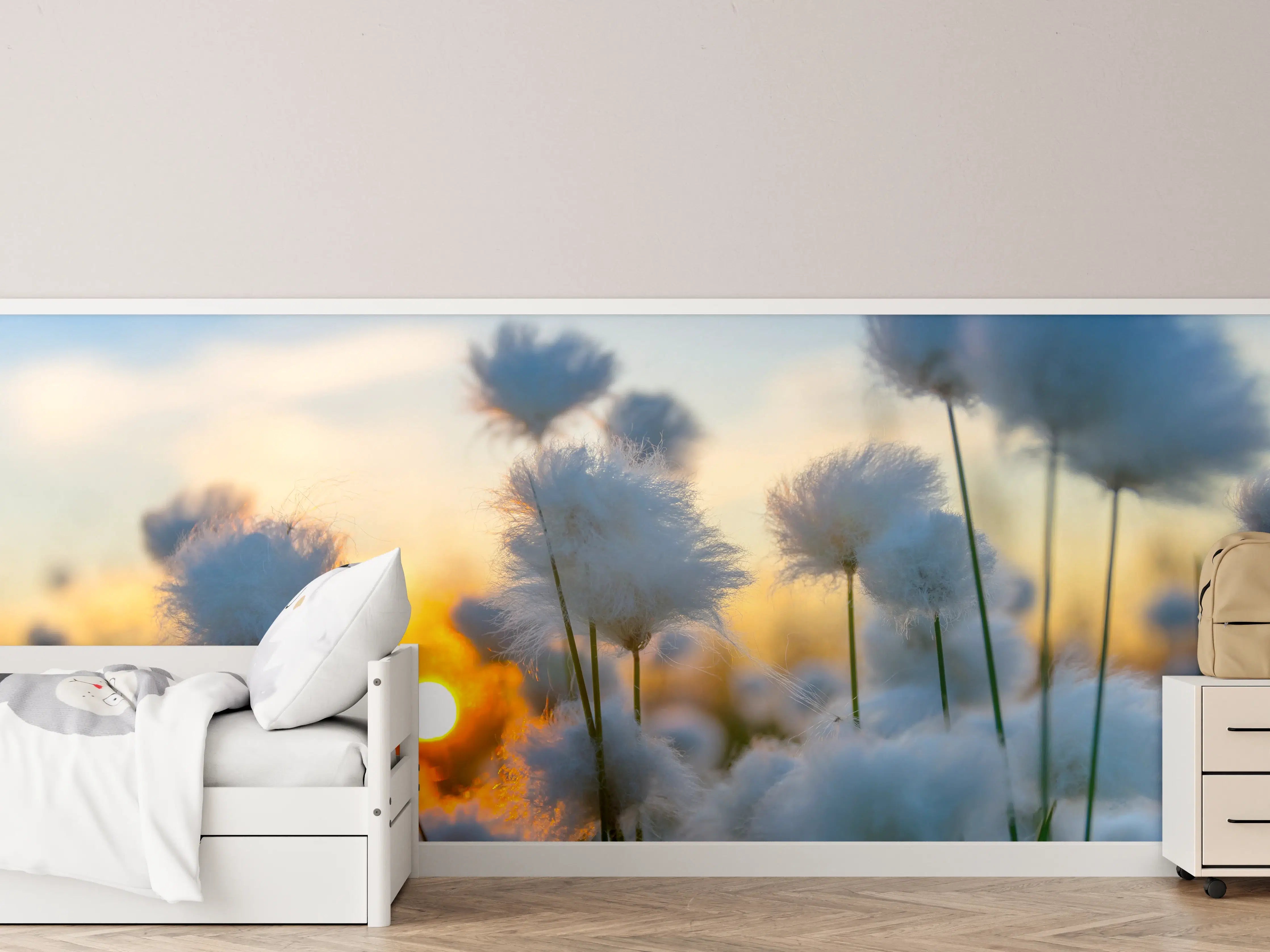 Kinderzimmer Wandgestaltung - Baumwollgras bei Sonnenuntergang