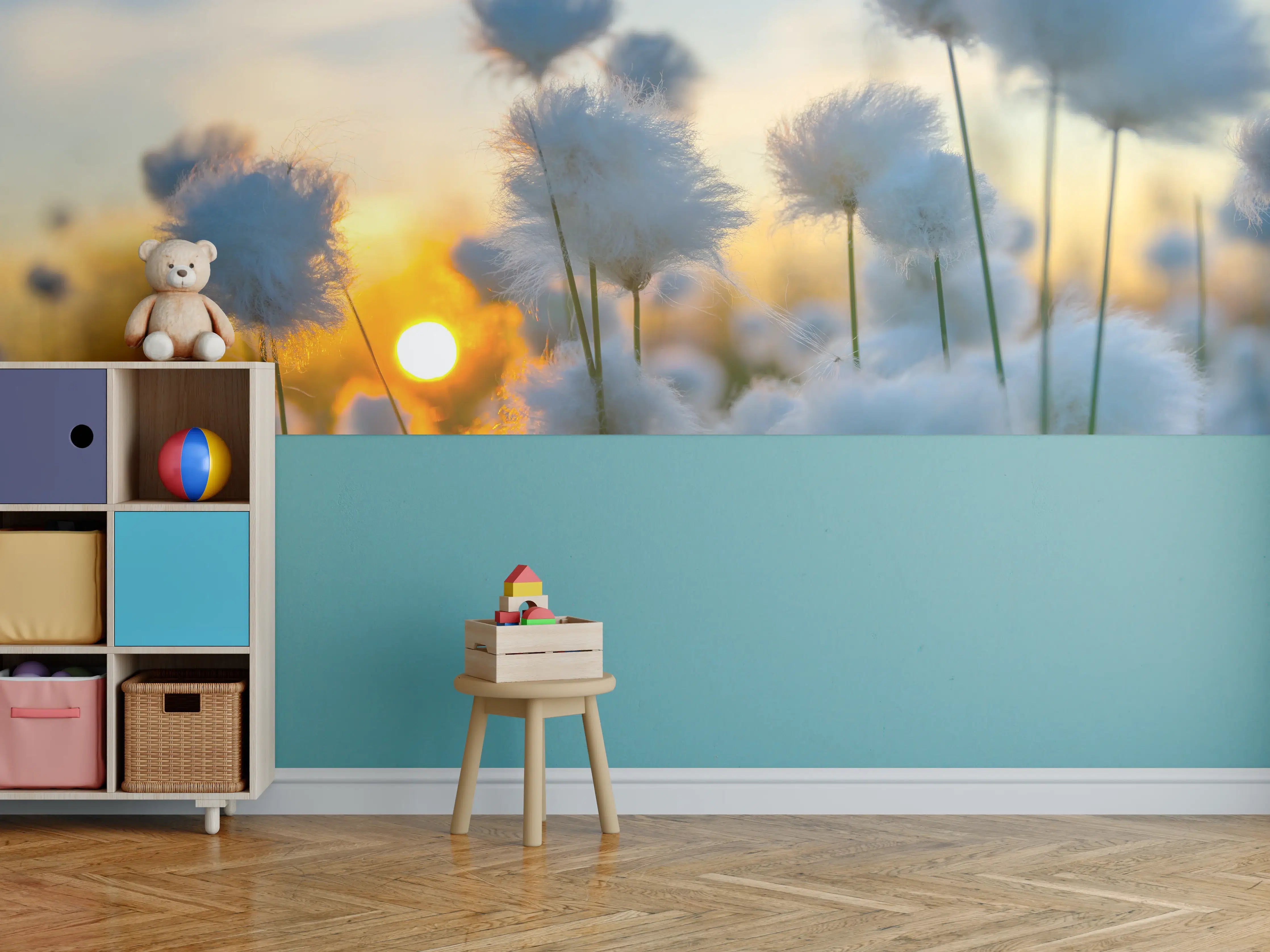 Kinderzimmer Wandgestaltung - Baumwollgras bei Sonnenuntergang