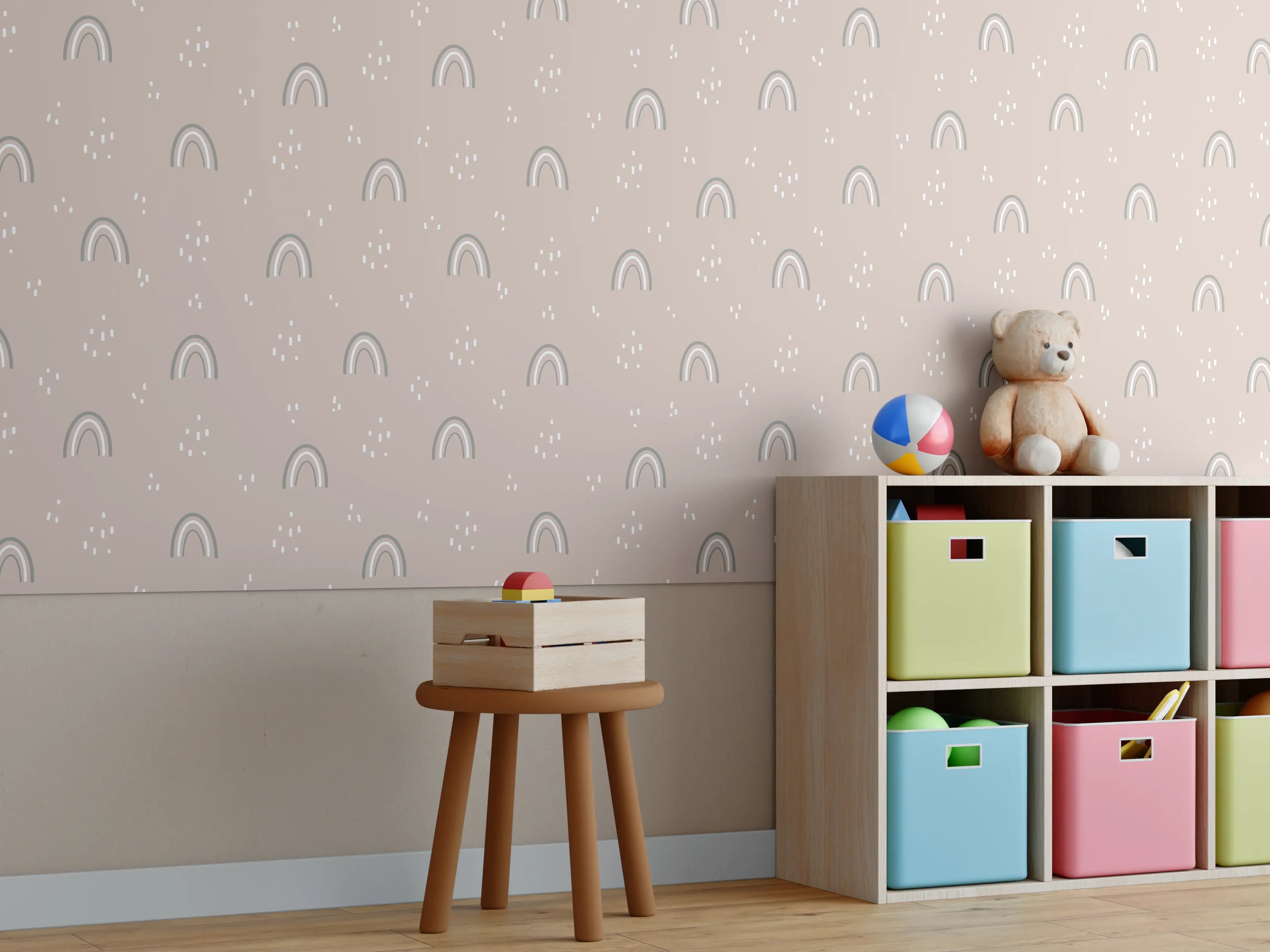 Kinderzimmer Wandgestaltung - Beige Bäume und Regenbogen Muster