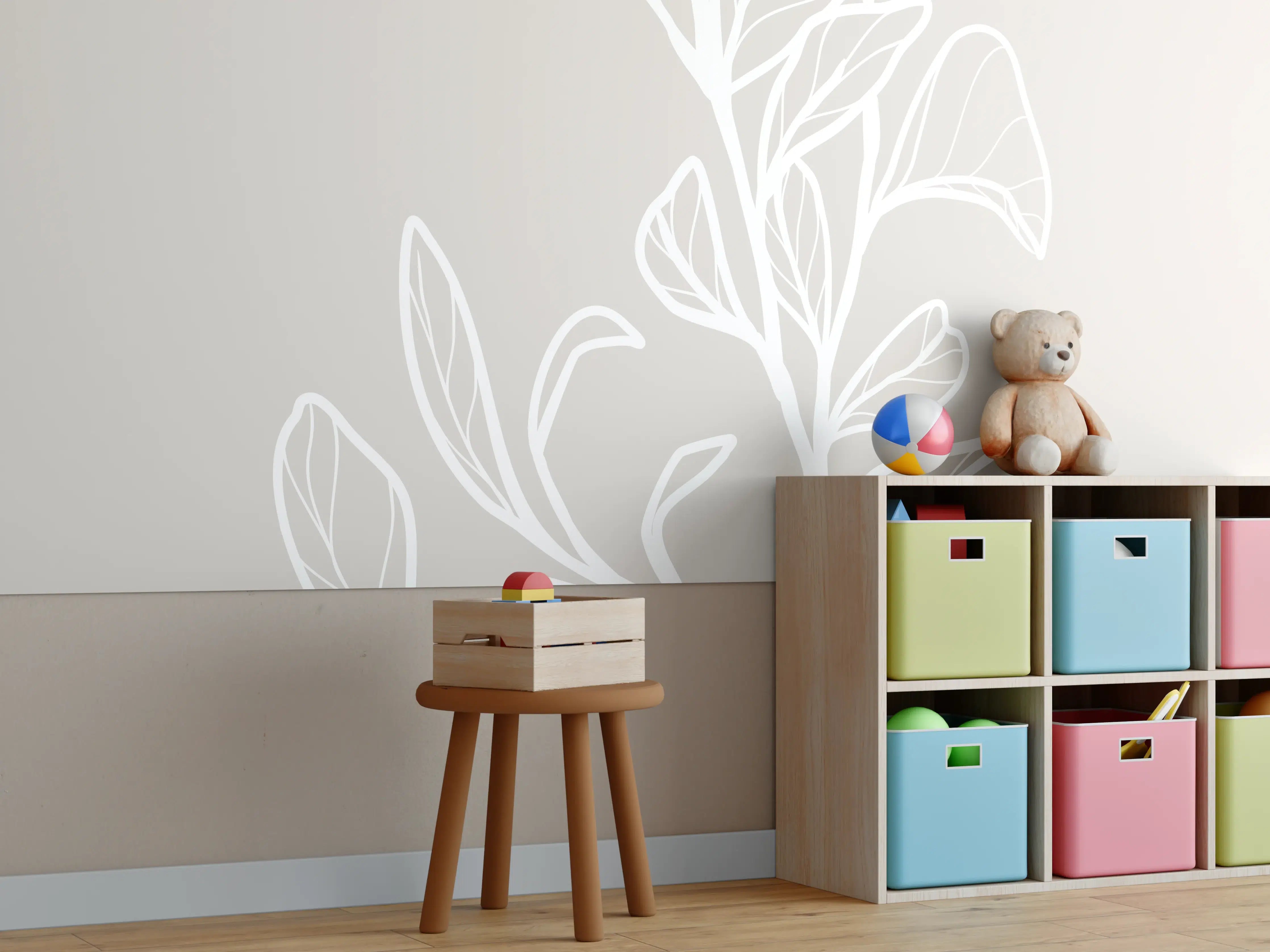 Kinderzimmer Wandgestaltung - Beige Blattlinien Grafik