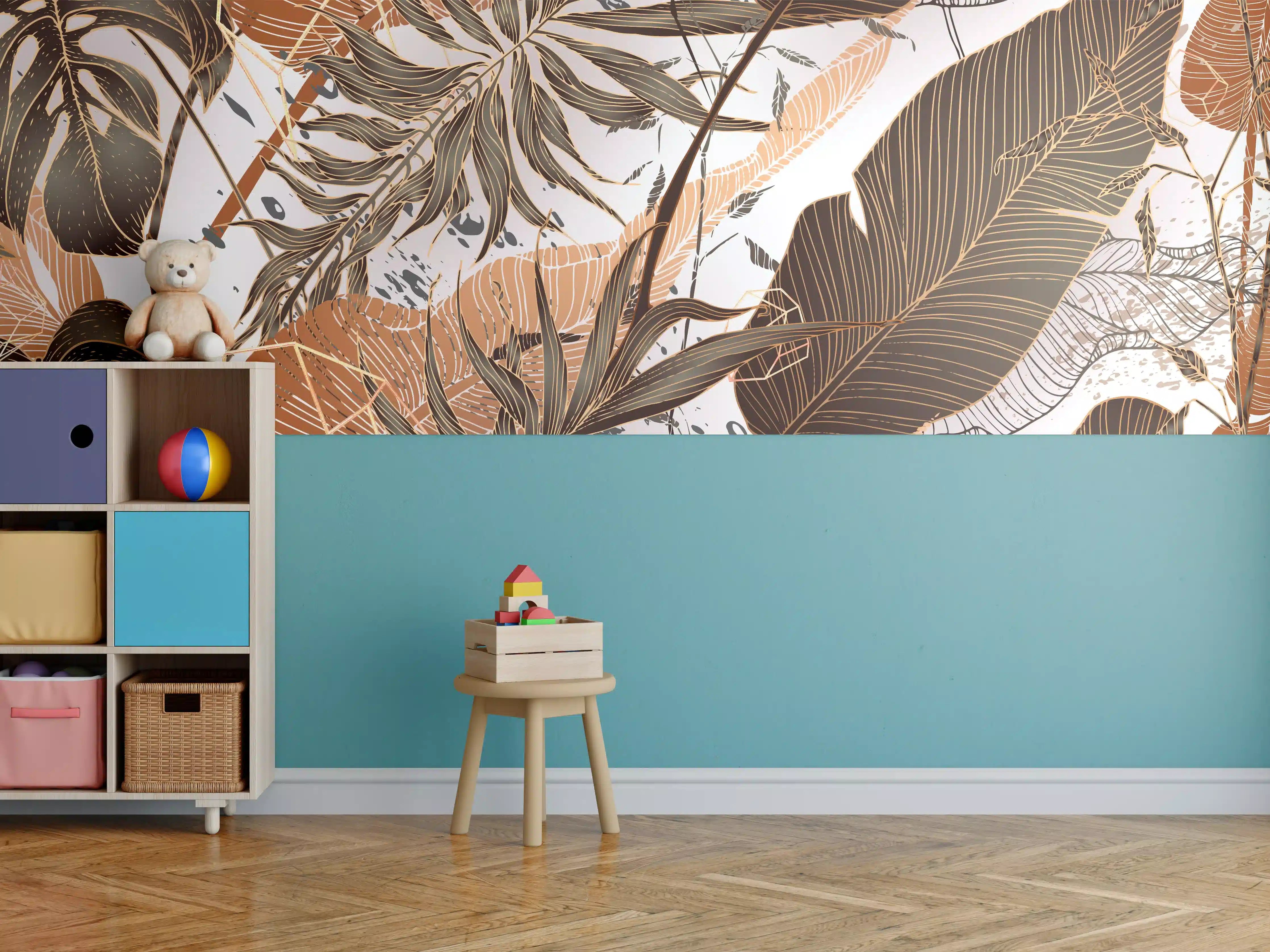 Kinderzimmer Wandgestaltung - Beige Blattmuster Tapete