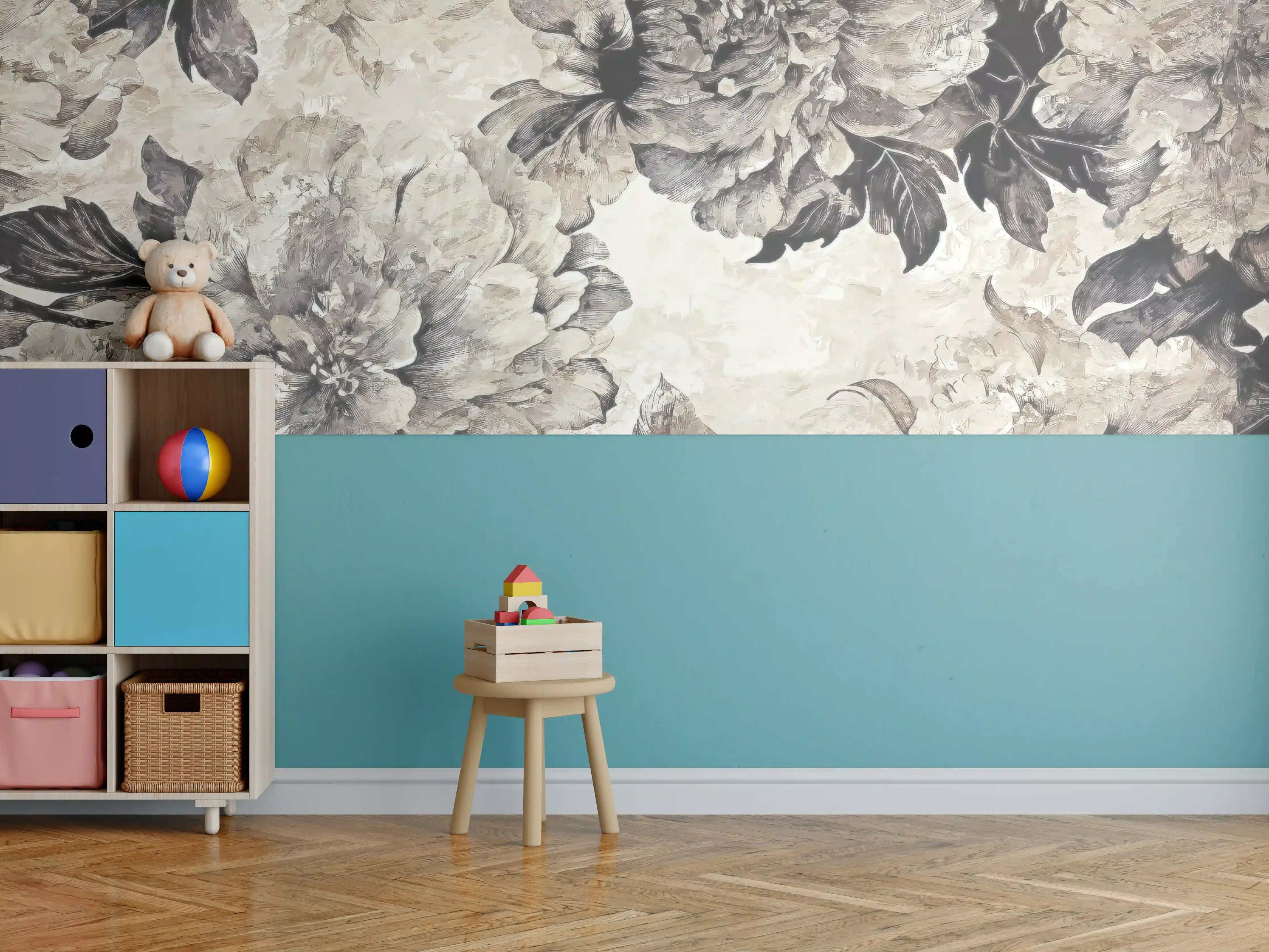 Kinderzimmer Wandgestaltung - Beige Blumenpanorama Kunstwerk