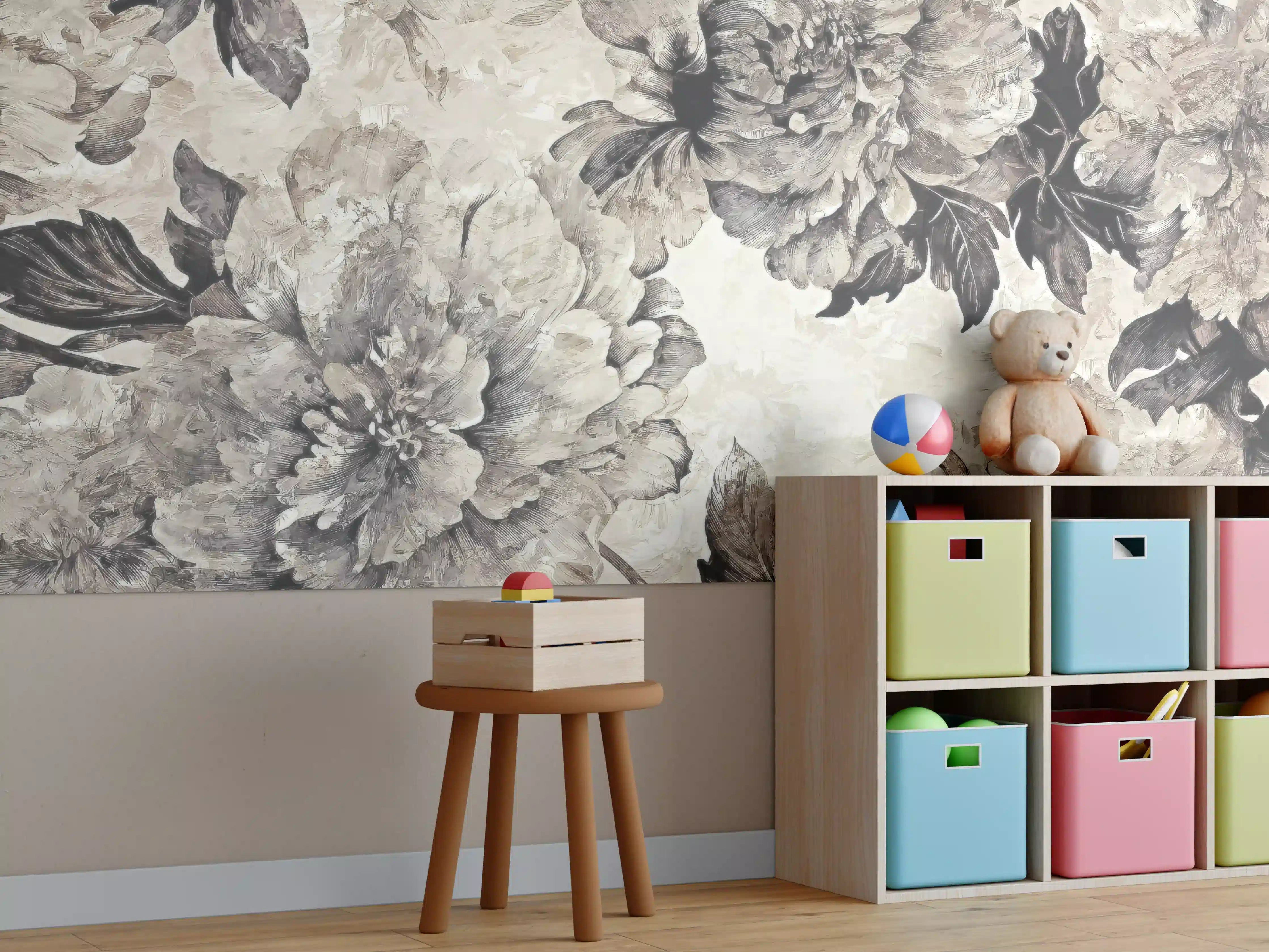 Kinderzimmer Wandgestaltung - Beige Blumenpanorama Kunstwerk