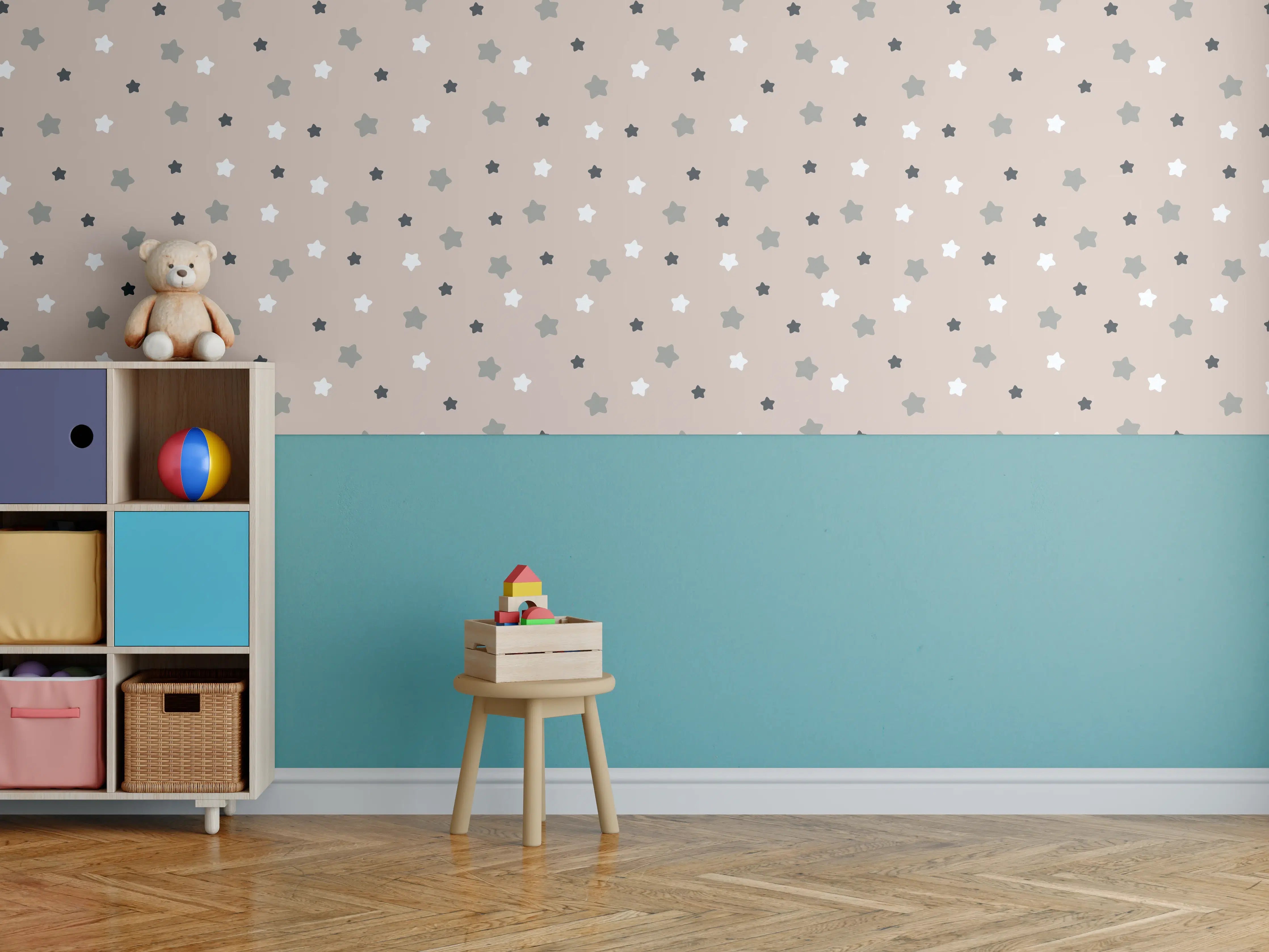 Kinderzimmer Wandgestaltung - Beige Hintergrund mit schwarzen und hellgrauen Sternen