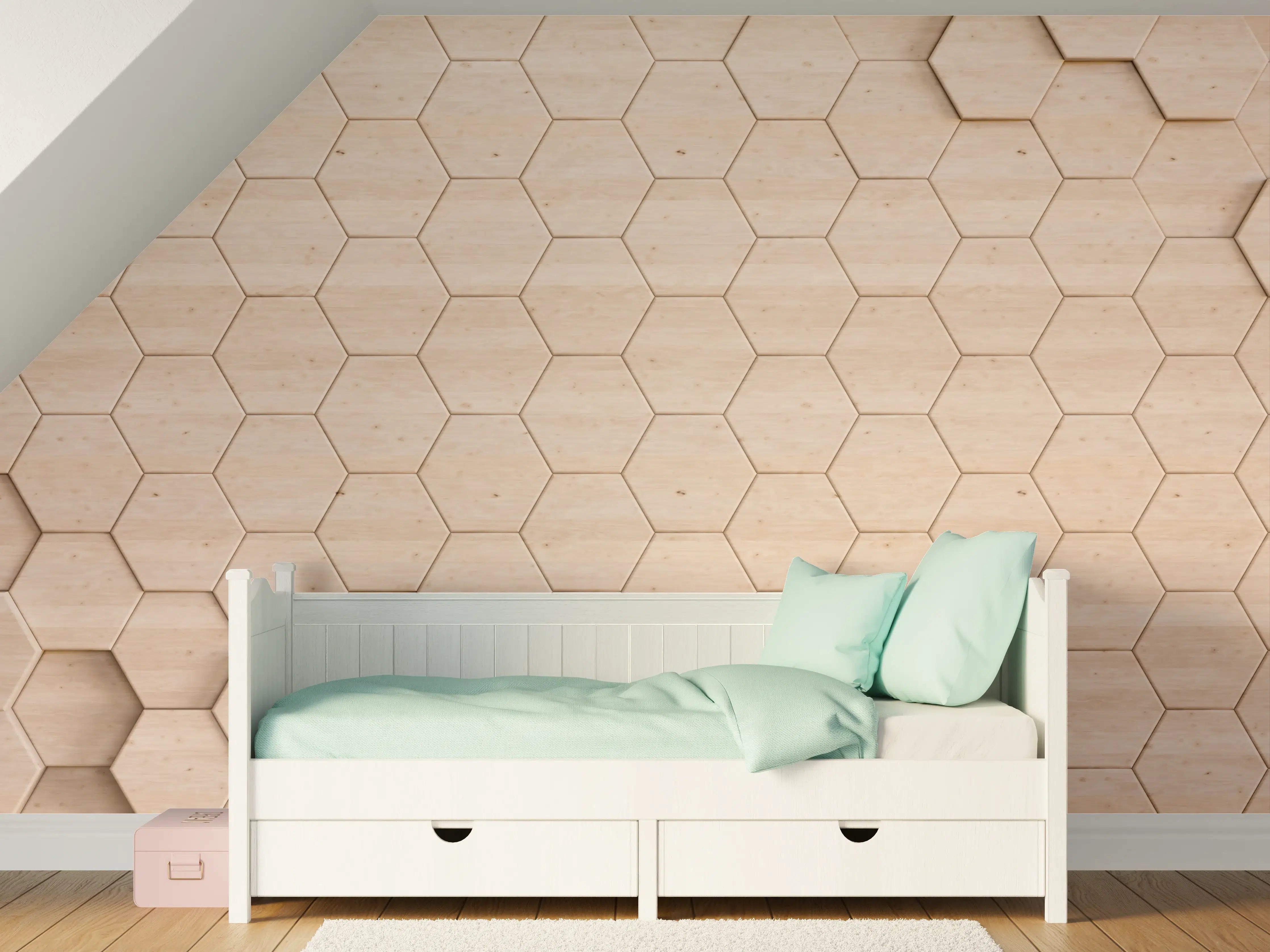 Kinderzimmer Wandgestaltung - Beige Holzpaneel mit Hexagonmuster