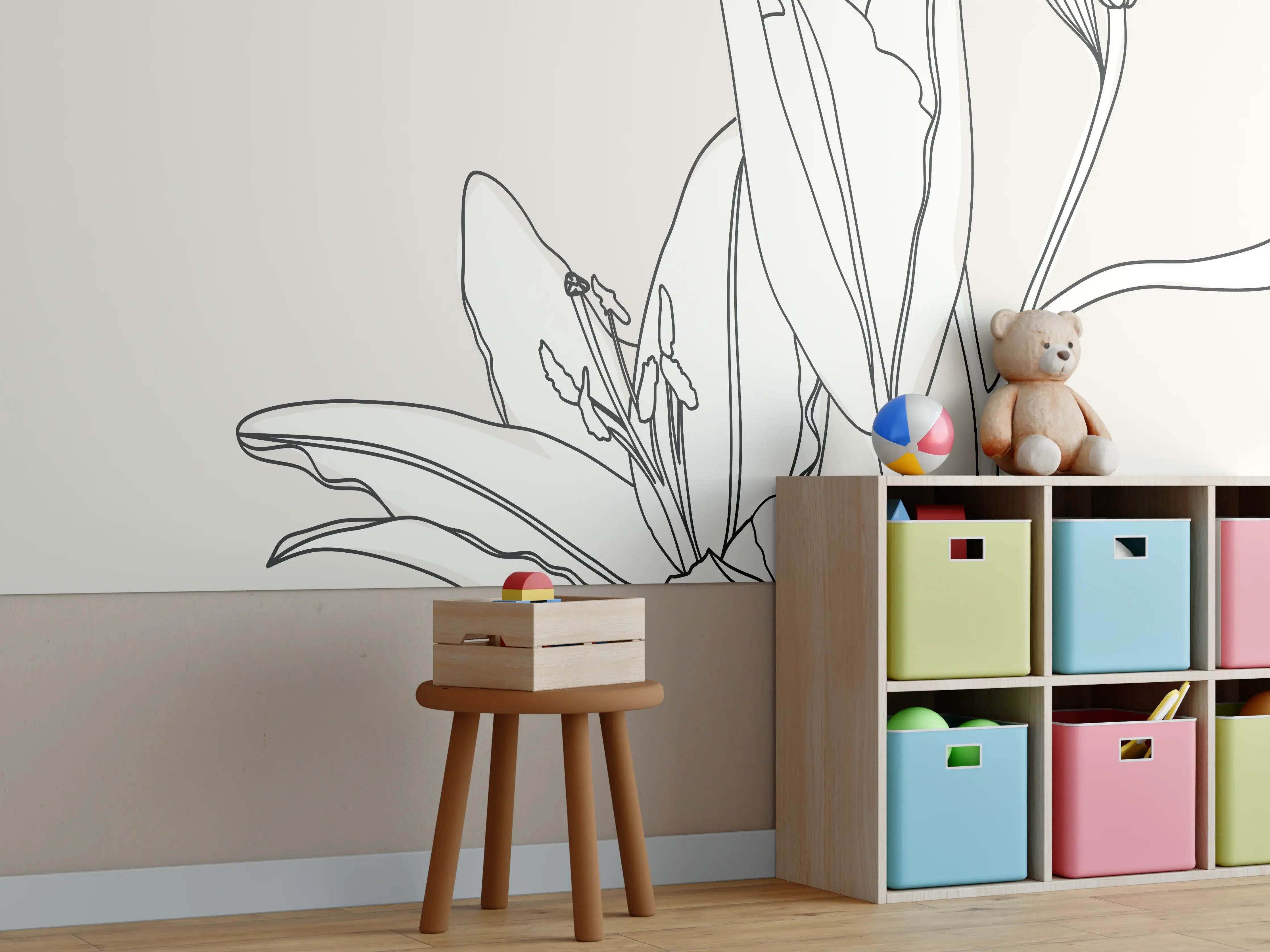 Kinderzimmer Wandgestaltung - Beige Lilien Linienkunst