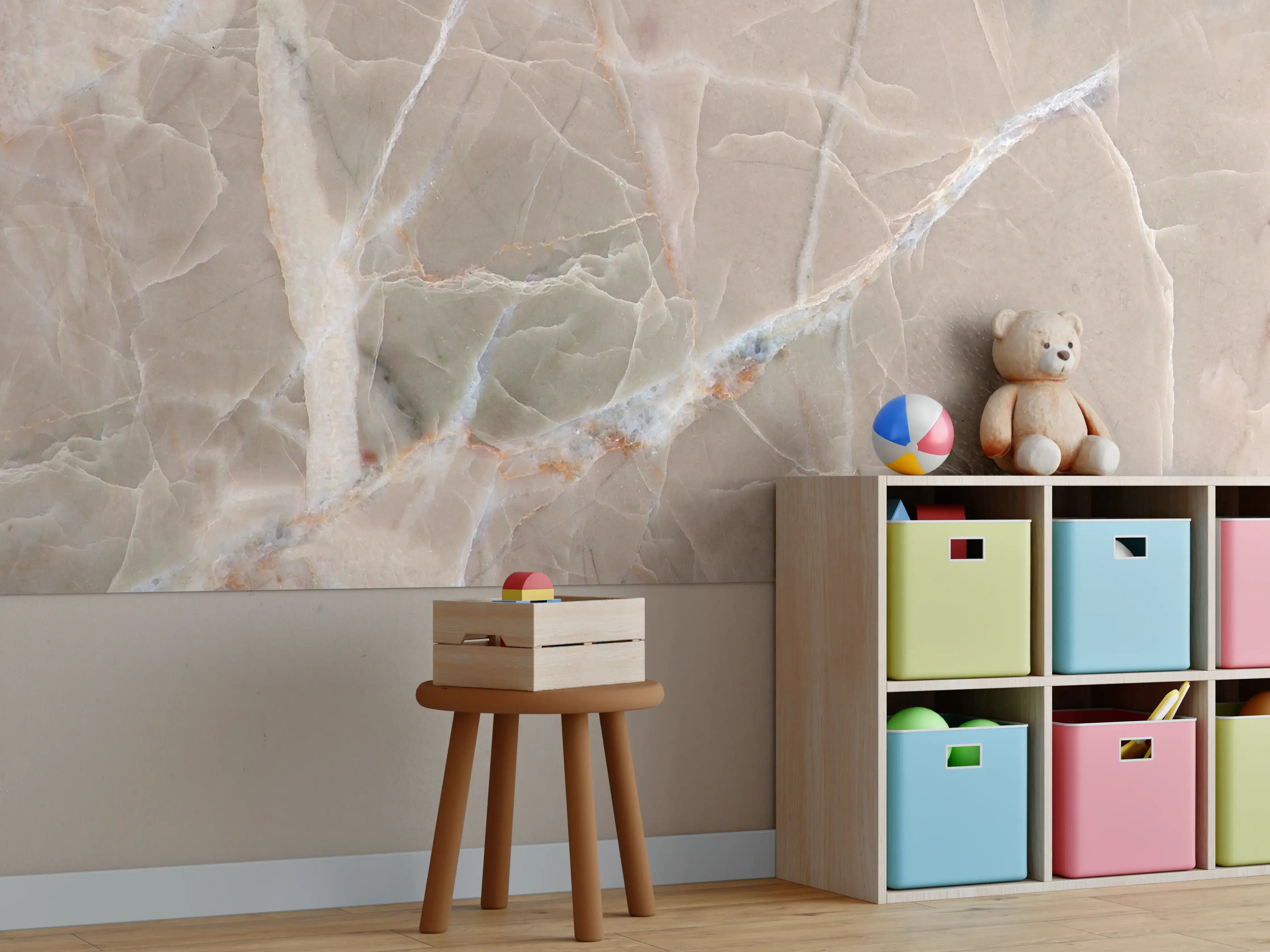 Kinderzimmer Wandgestaltung - Beige Marmor-Textur mit weißen Adern