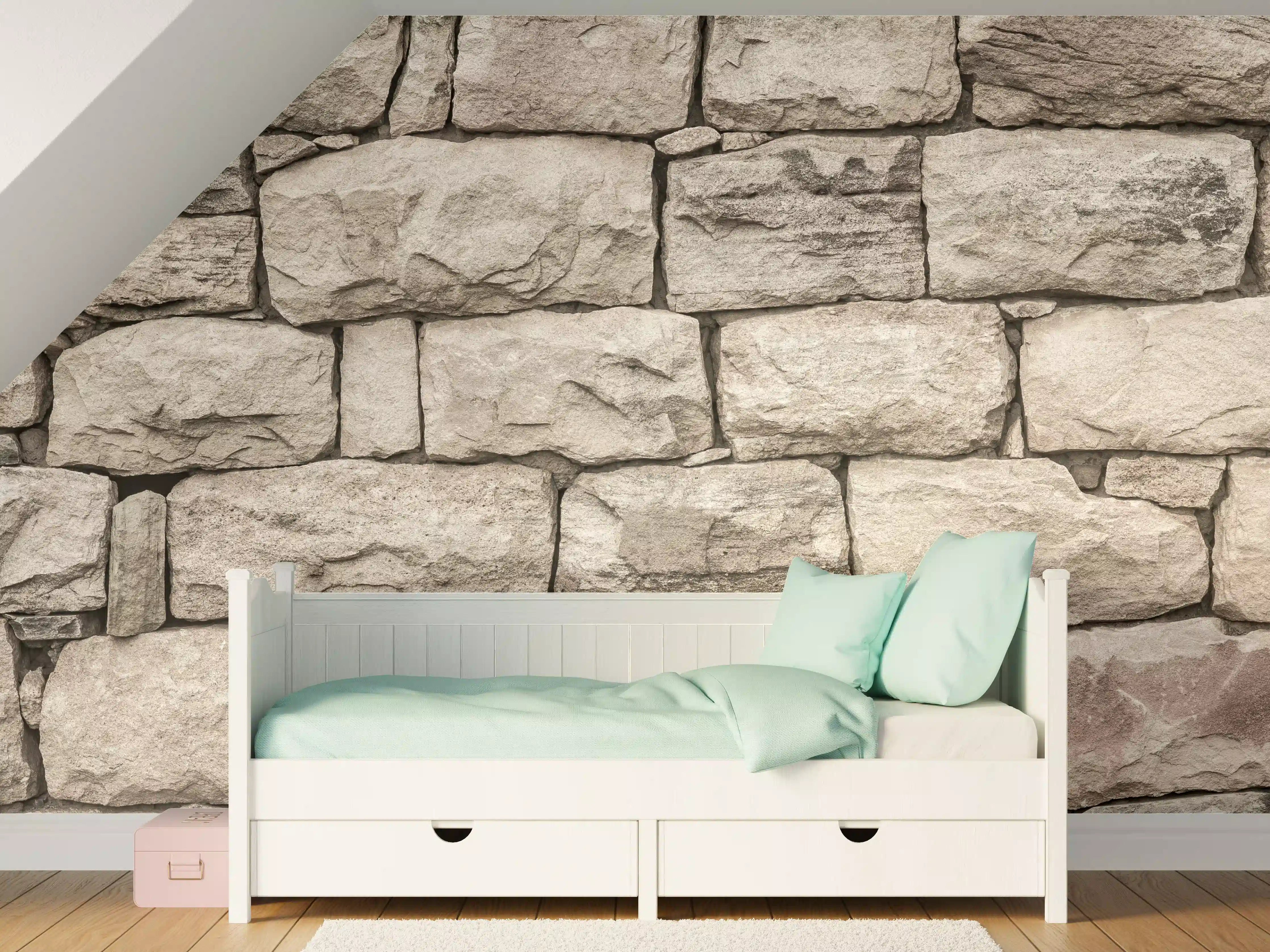 Kinderzimmer Wandgestaltung - Beige Natursteinmauer mit texturierter Oberfläche